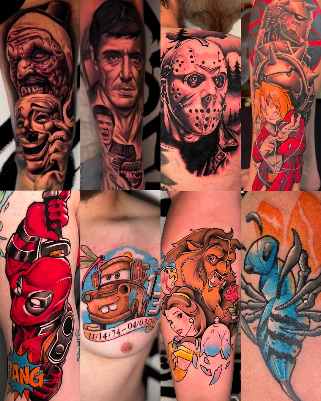 Horror movie characters dark art tattoo on the upper arm by Nick Andrade Las Vegas Tattoo Artist