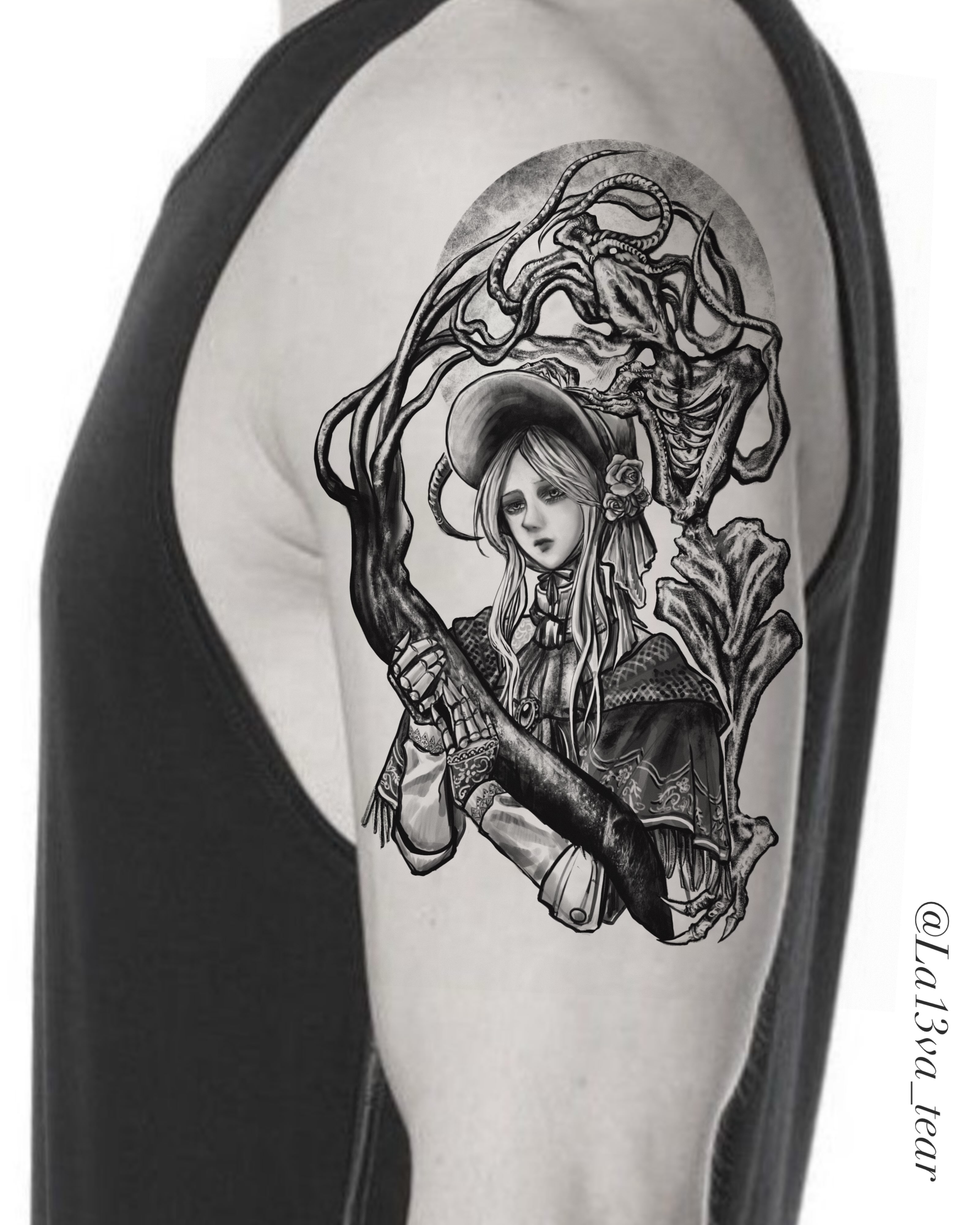 Witch and tentacle dark realism tattoo on the upper arm by ๐๐ฆ๐ฐ๐ฆ๐