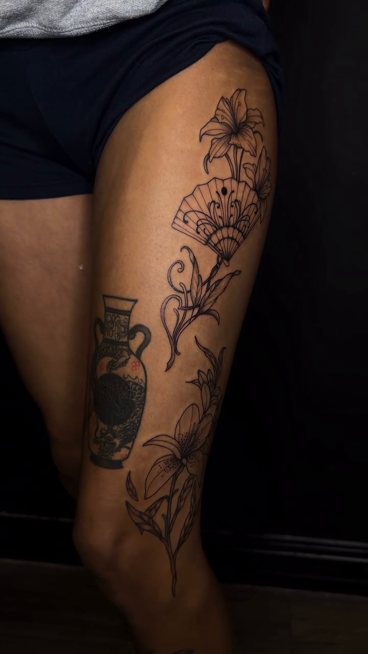 Fine line tattoo on the leg by Pretty Ugly Tattoos