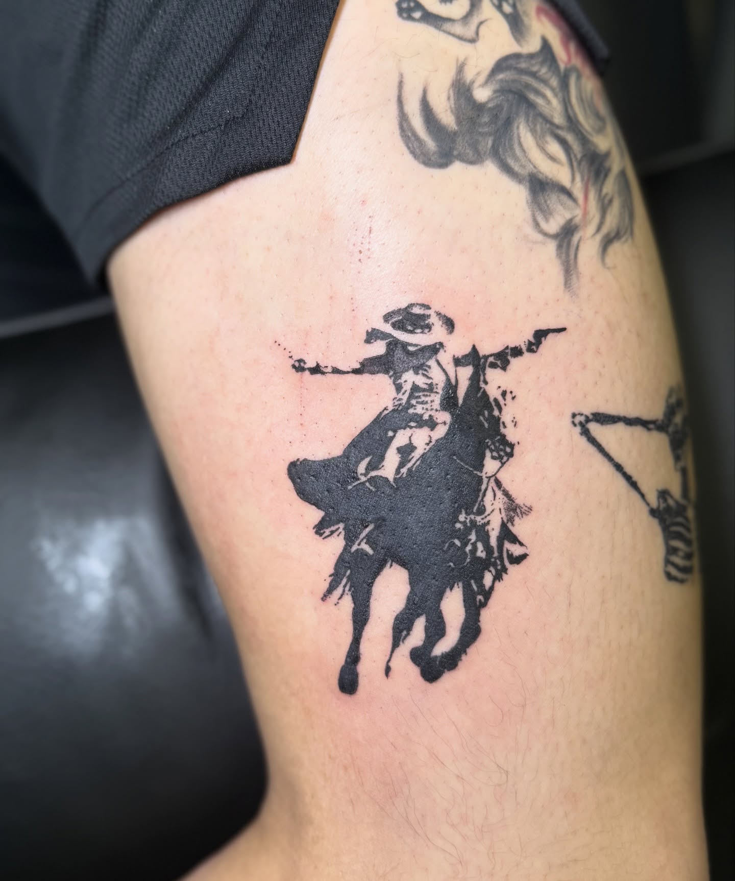 Cowboy riding horse black and grey tattoo on the forearm by 🌸Blossom🌸