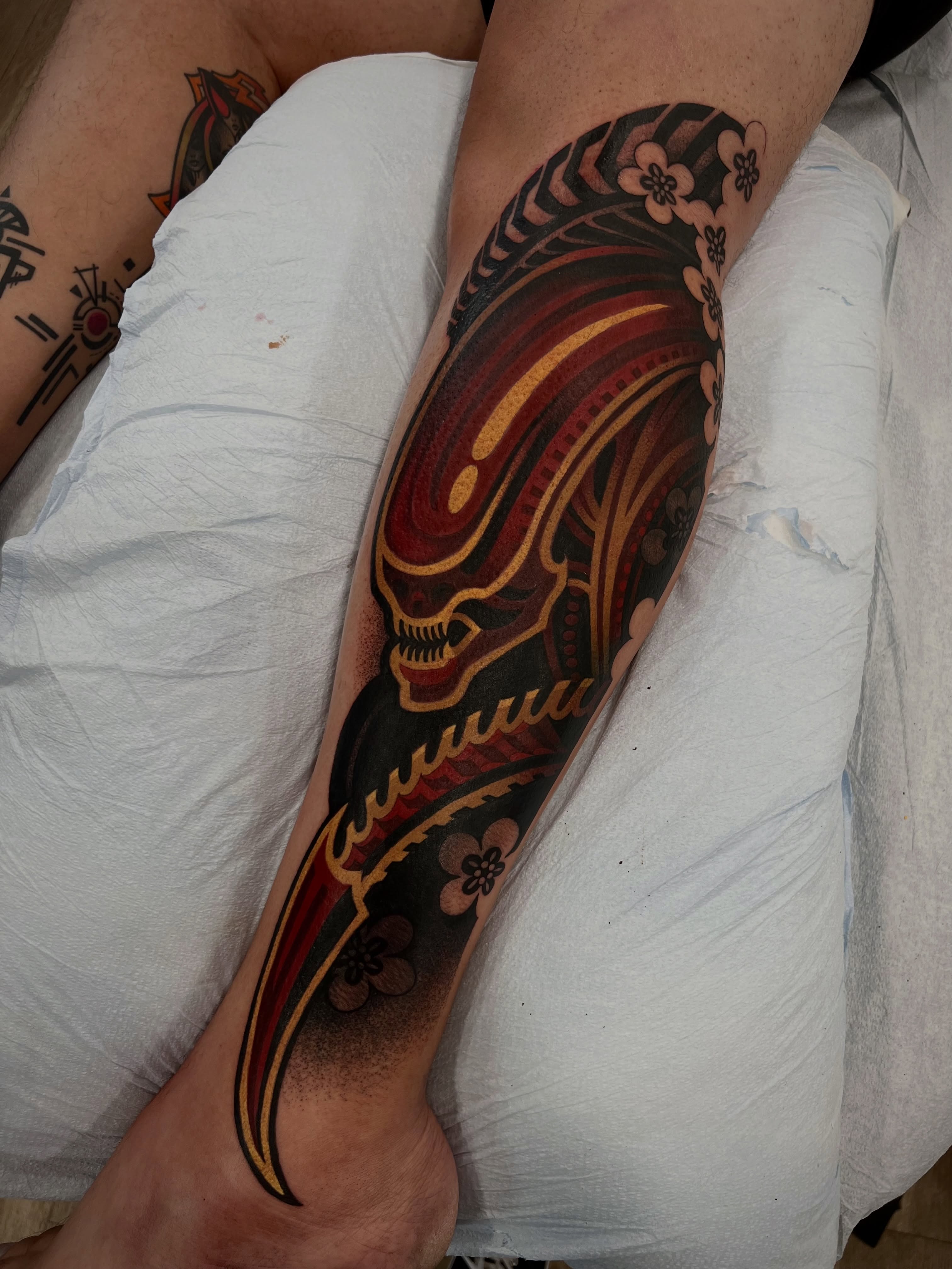 Tattoo by @handshakesnaketattoos — dark_realism, geometric