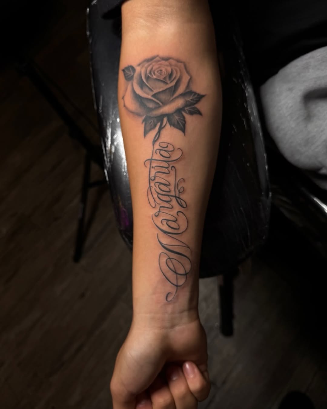 Tattoo by @serios_tat2s — black_and_grey, lettering_script