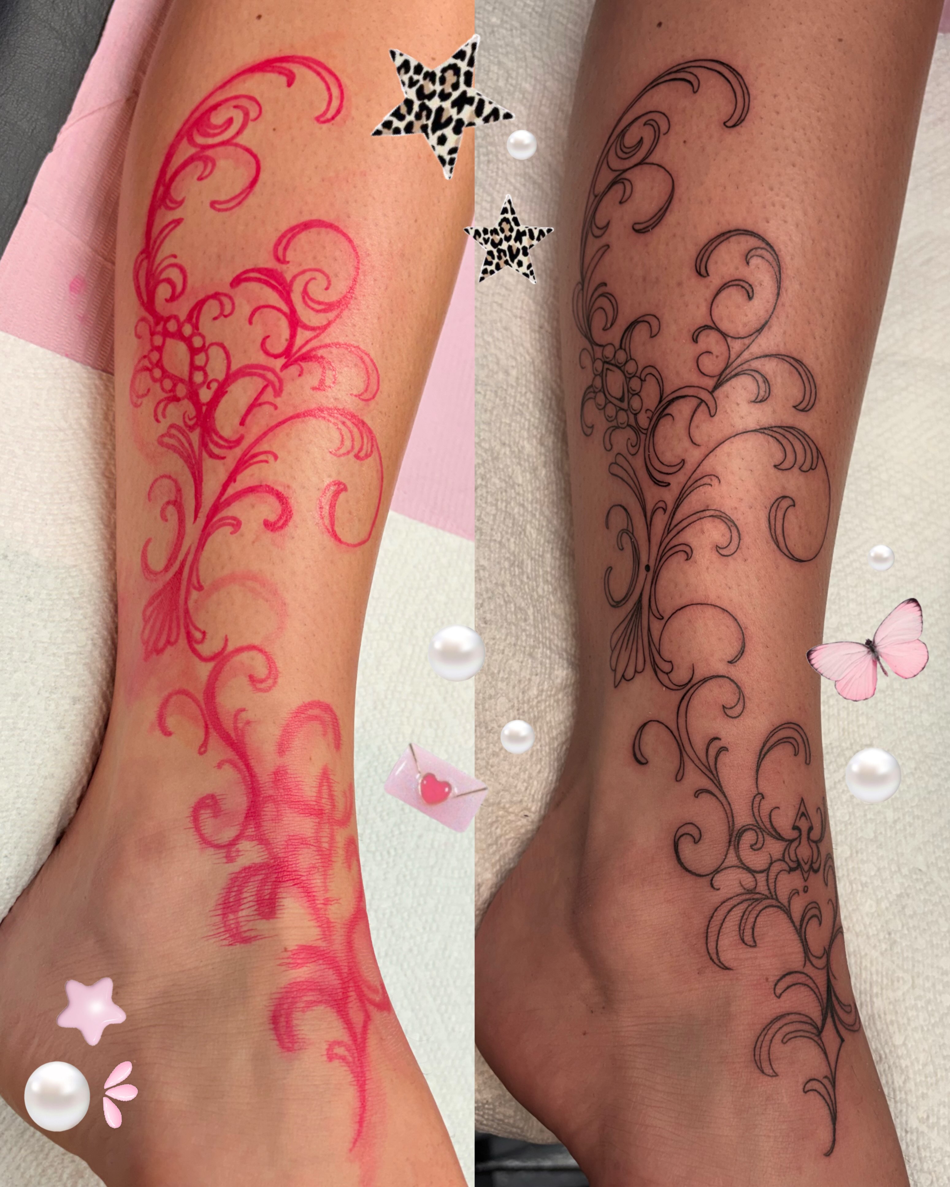 Scrollwork ornamental tattoo on the calf by Avery Mullins