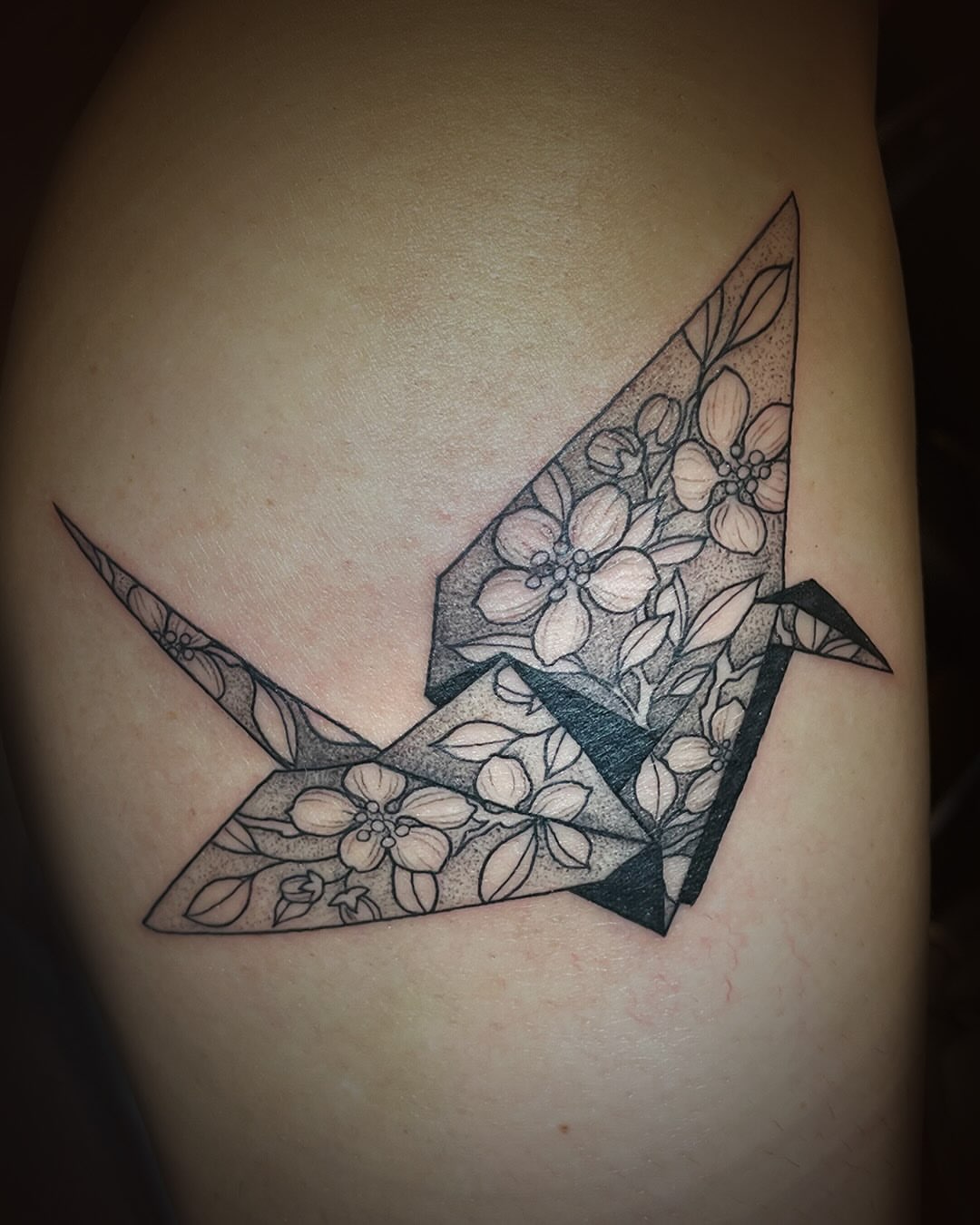 Origami crane dotwork tattoo on the shoulder by Lake Stephens, Richmond, Virginia
