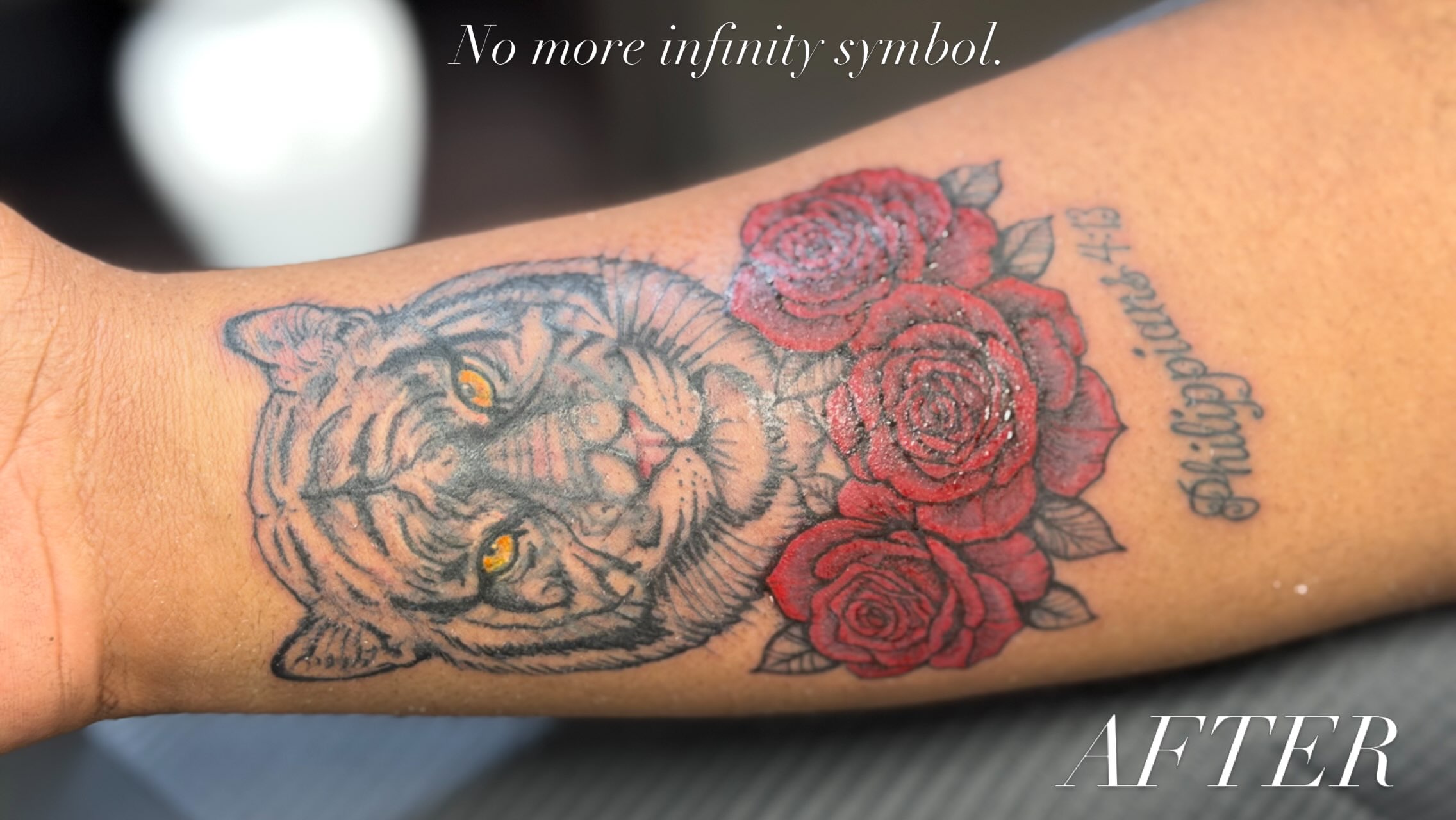 Tiger and roses American traditional tattoo on the forearm by Van Cleave Aesthetics, Franklin, Tennessee