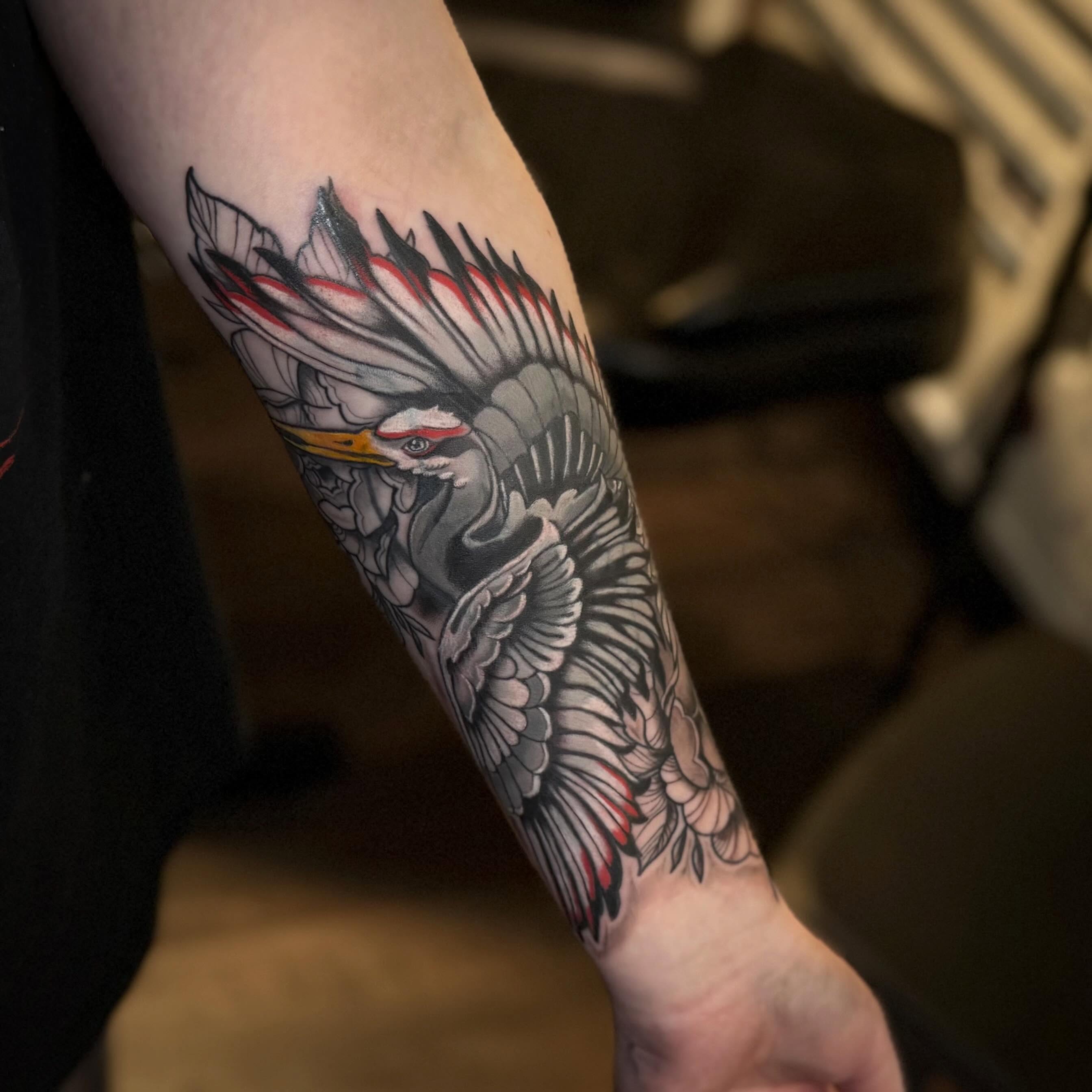 Heron American traditional tattoo on the forearm by π©Έβ βοΈ ππππ βοΈ βπ©Έ