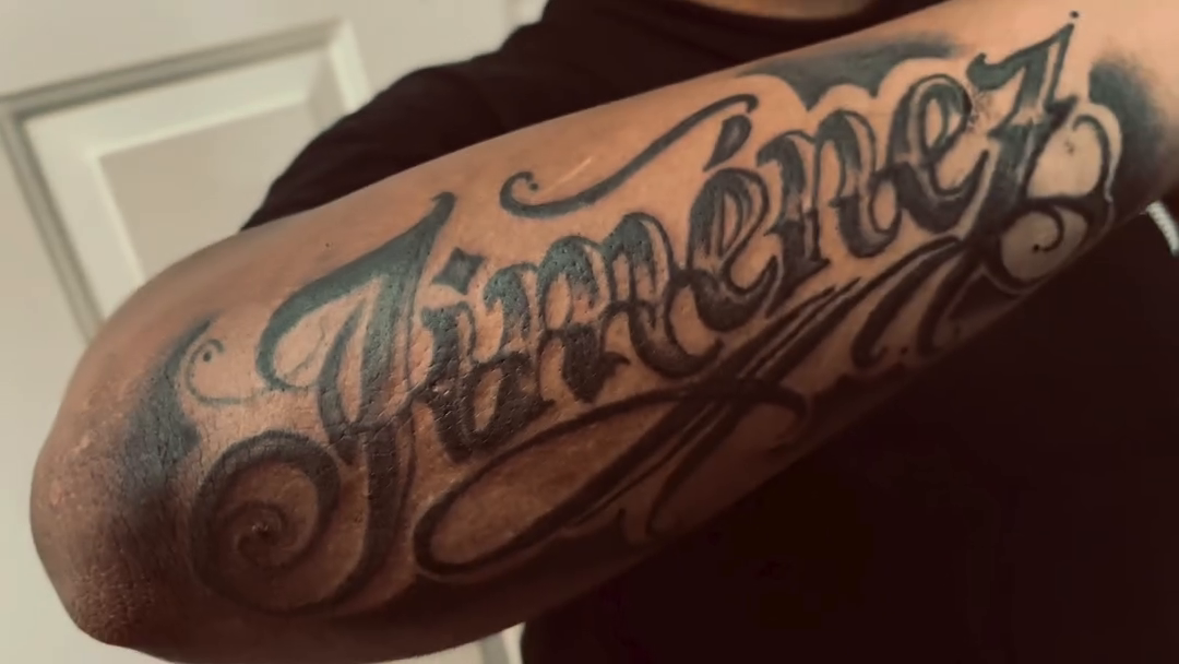 Jimenez script tattoo lettering tattoo on the forearm by Alejandro N Duran