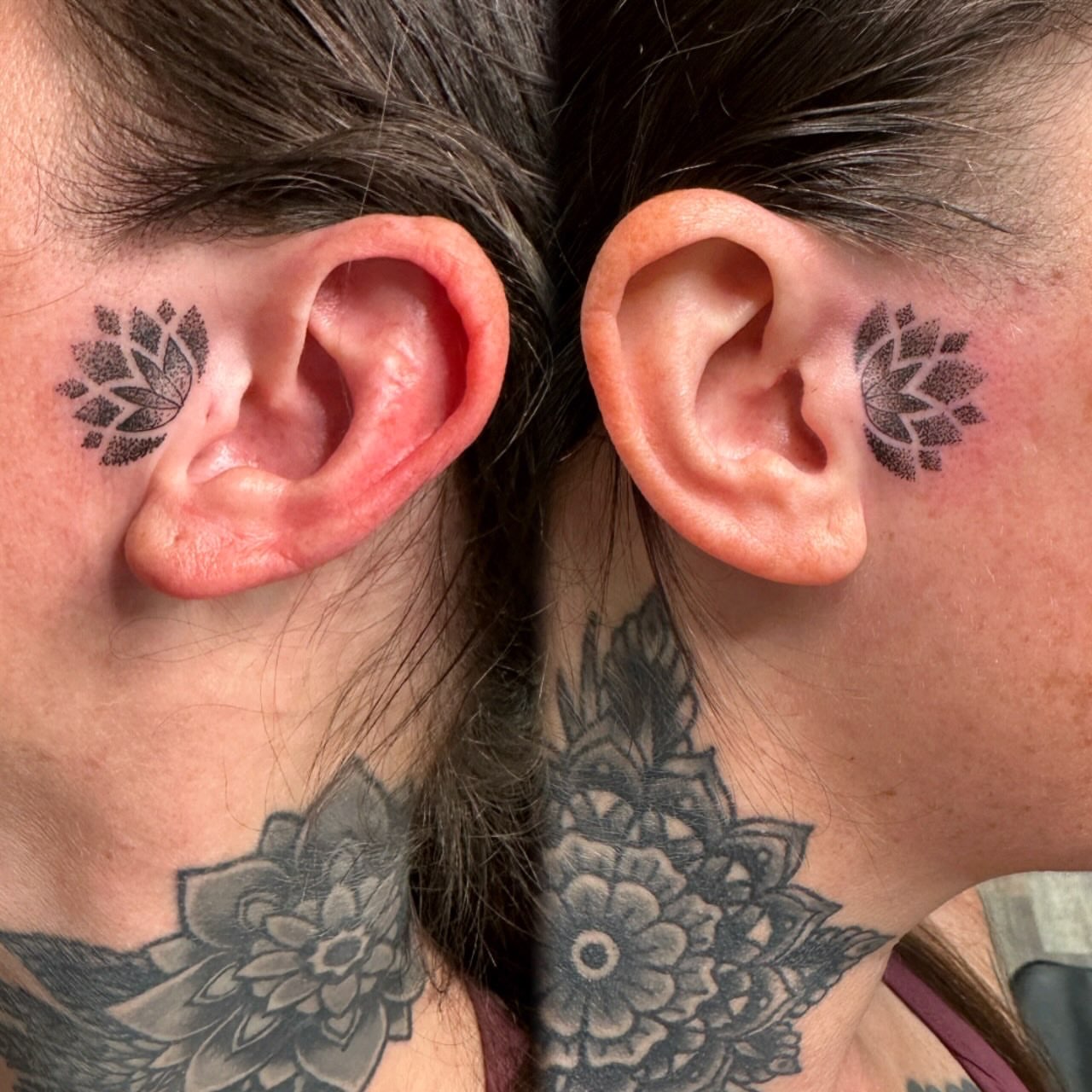 Lotus flower black and grey tattoo on the neck by Shaila Roach Decorative & Cosmetic Tattooer
