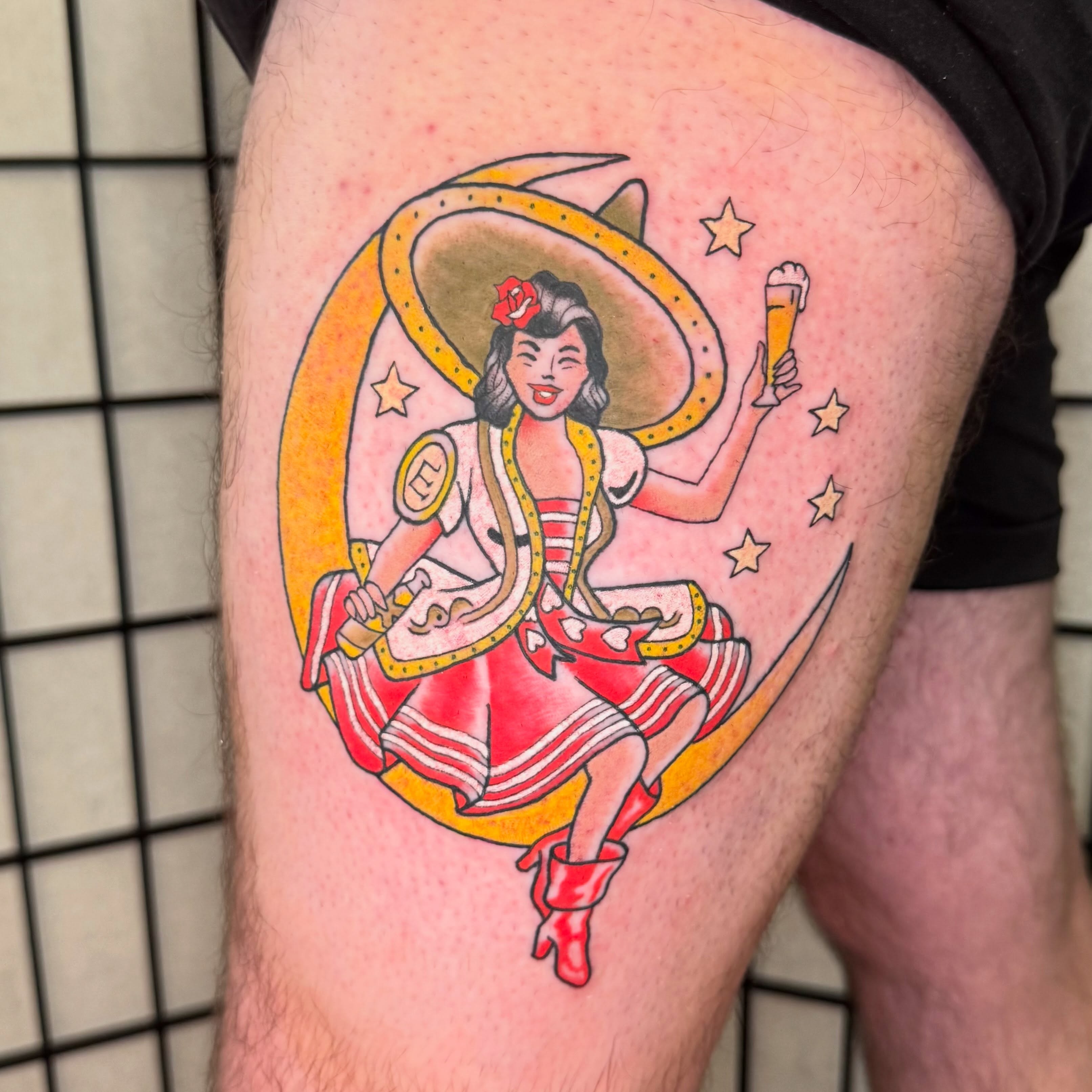 Mexican pin-up American traditional tattoo on the thigh by Zac Smith-Chevalier