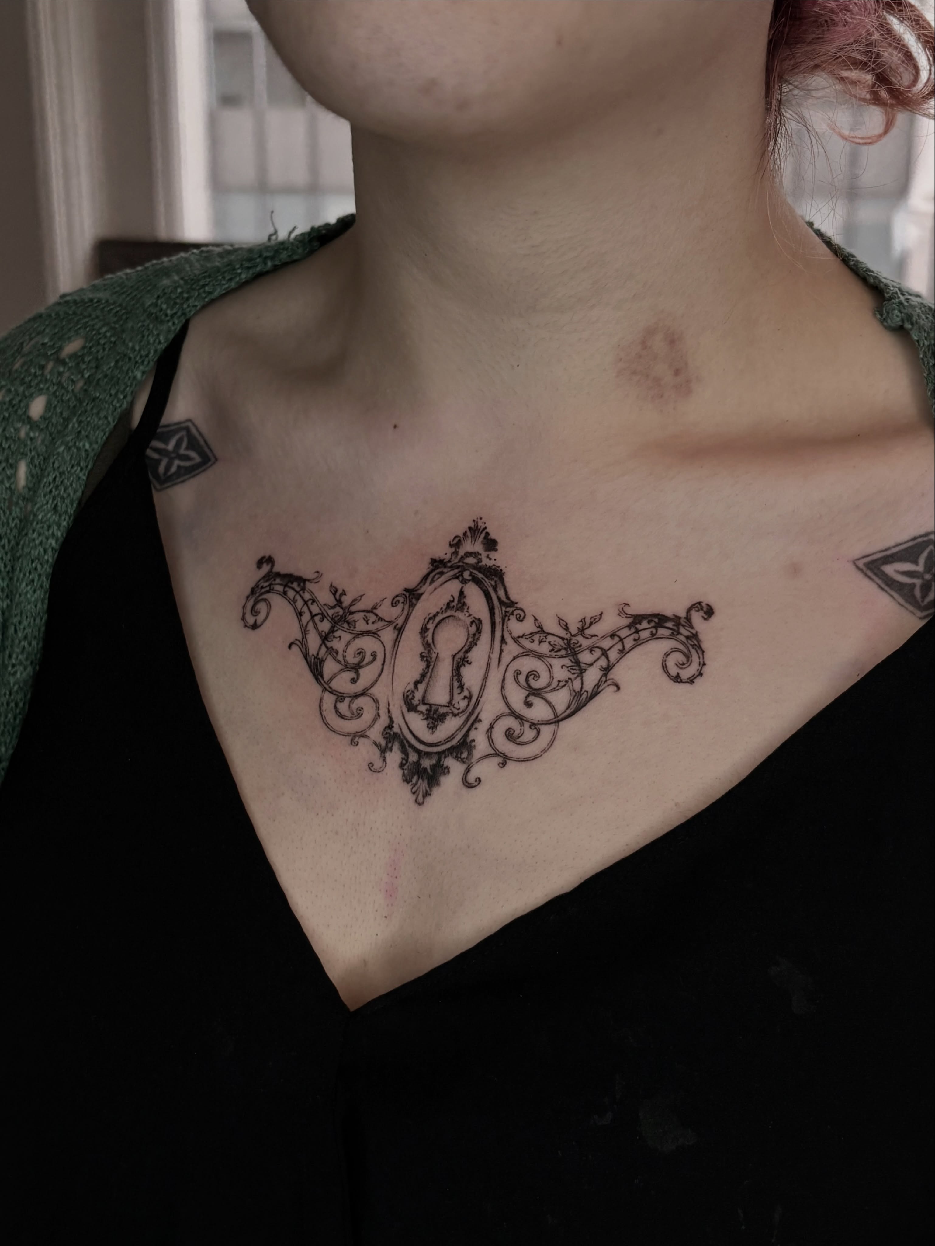 Keyhole and ornate frame ornamental tattoo on the neck by Silvia :)