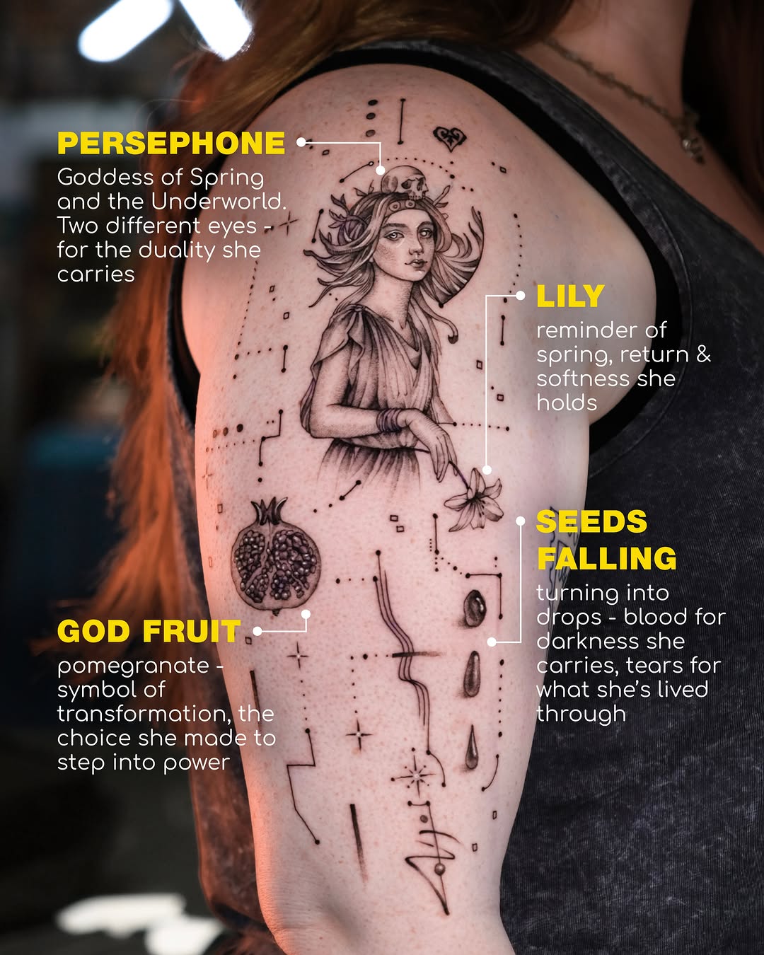 Persephone portrait with symbolic elements sketch tattoo on the shoulder by Tattoo Miami π