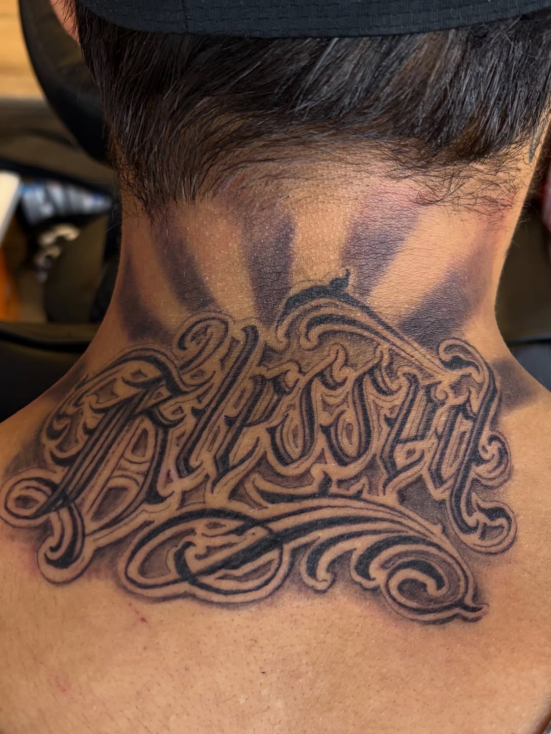 Tattoo by @inkedbyhades — lettering_script, black_and_grey