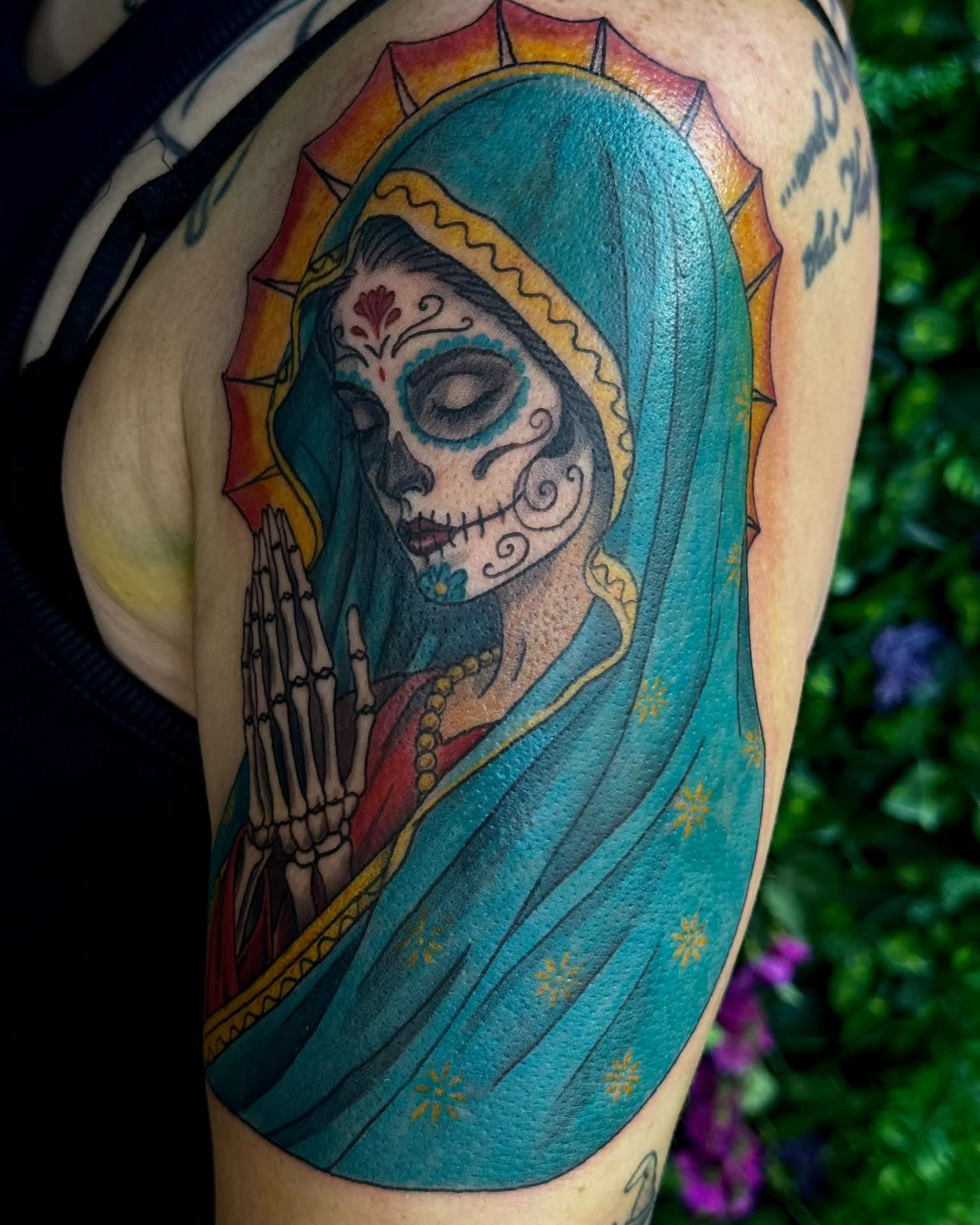 Sugar skull Chicano tattoo on the shoulder by Sabrina