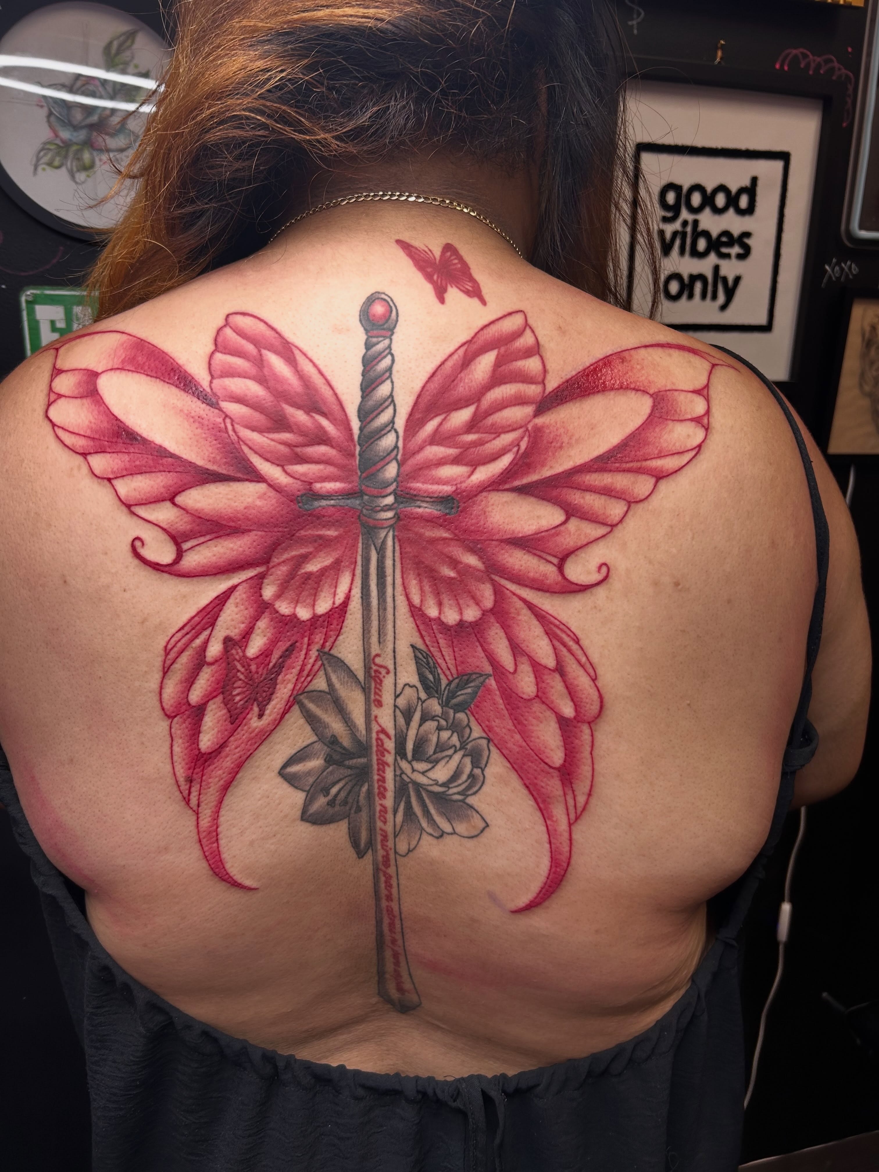 Dragonfly and sword neo-traditional tattoo on the back by Big Mar, Rocky Hill, Connecticut