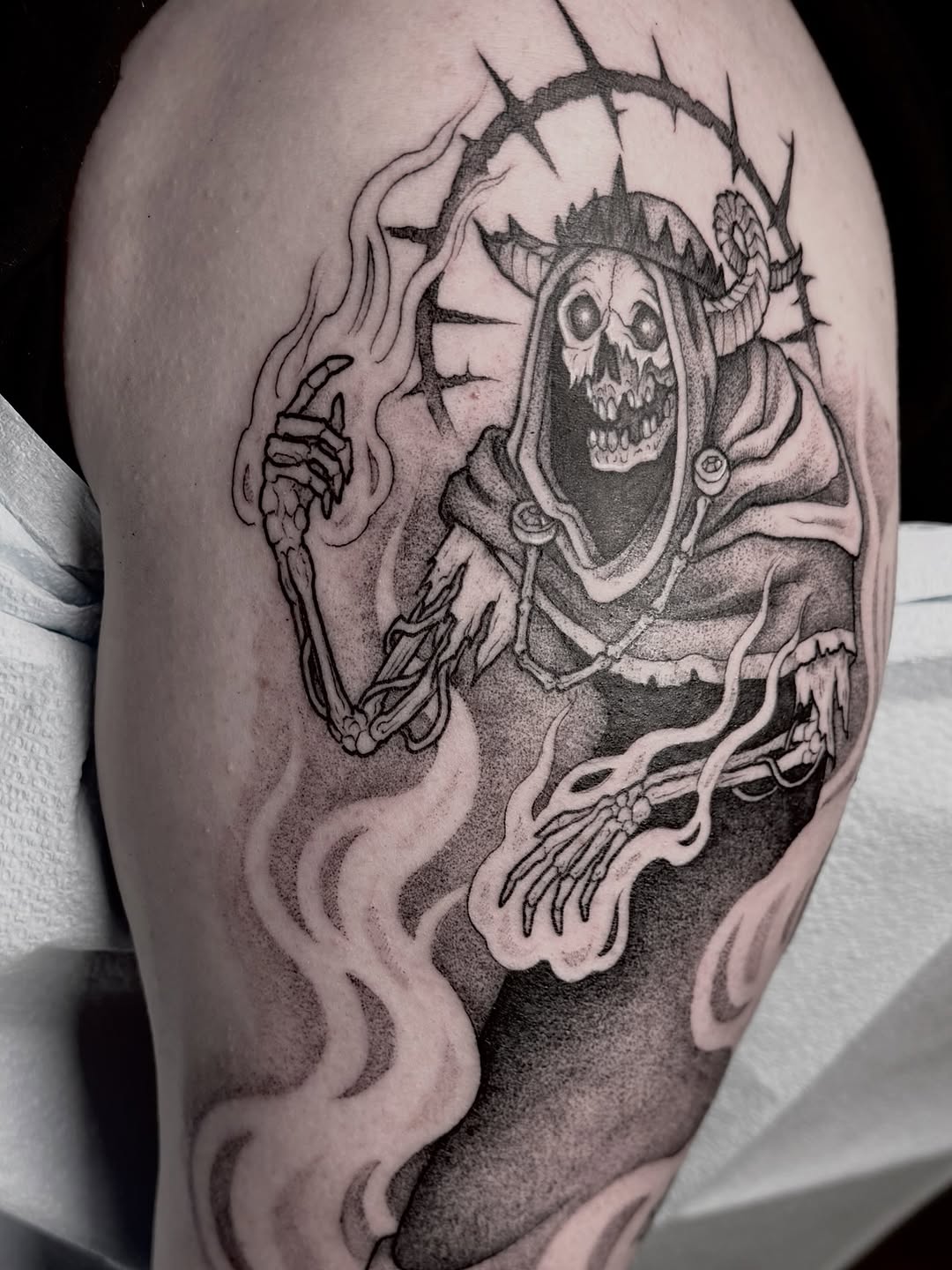 Tattoo by @anniebone_tattoo — black_and_grey, dark_realism