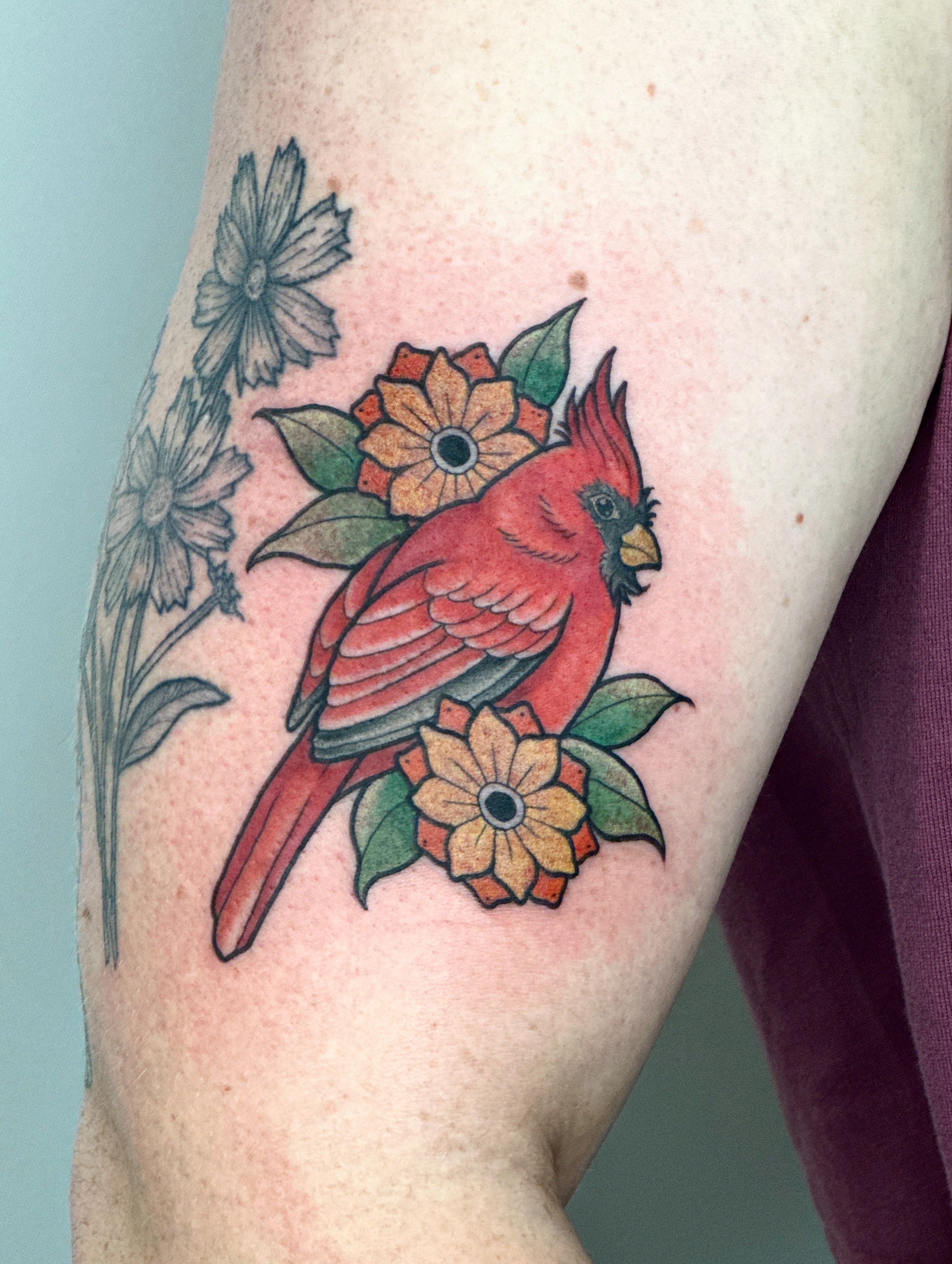 Cardinal and flowers American traditional tattoo on the forearm by Gabrielle Brodman 🎀 Raleigh-Durham Tattoo