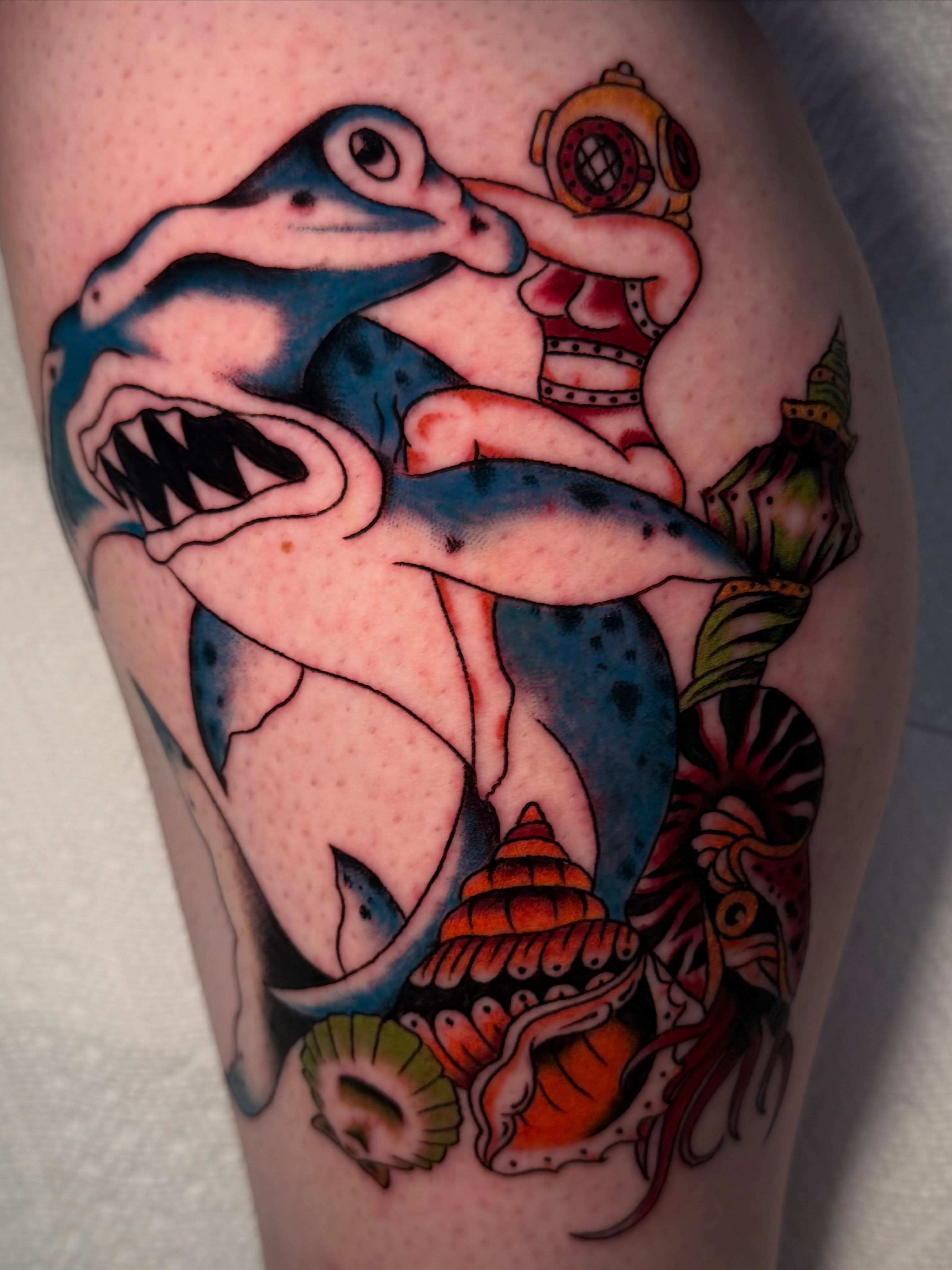 Mermaid and shark American traditional tattoo on the thigh by Lydia