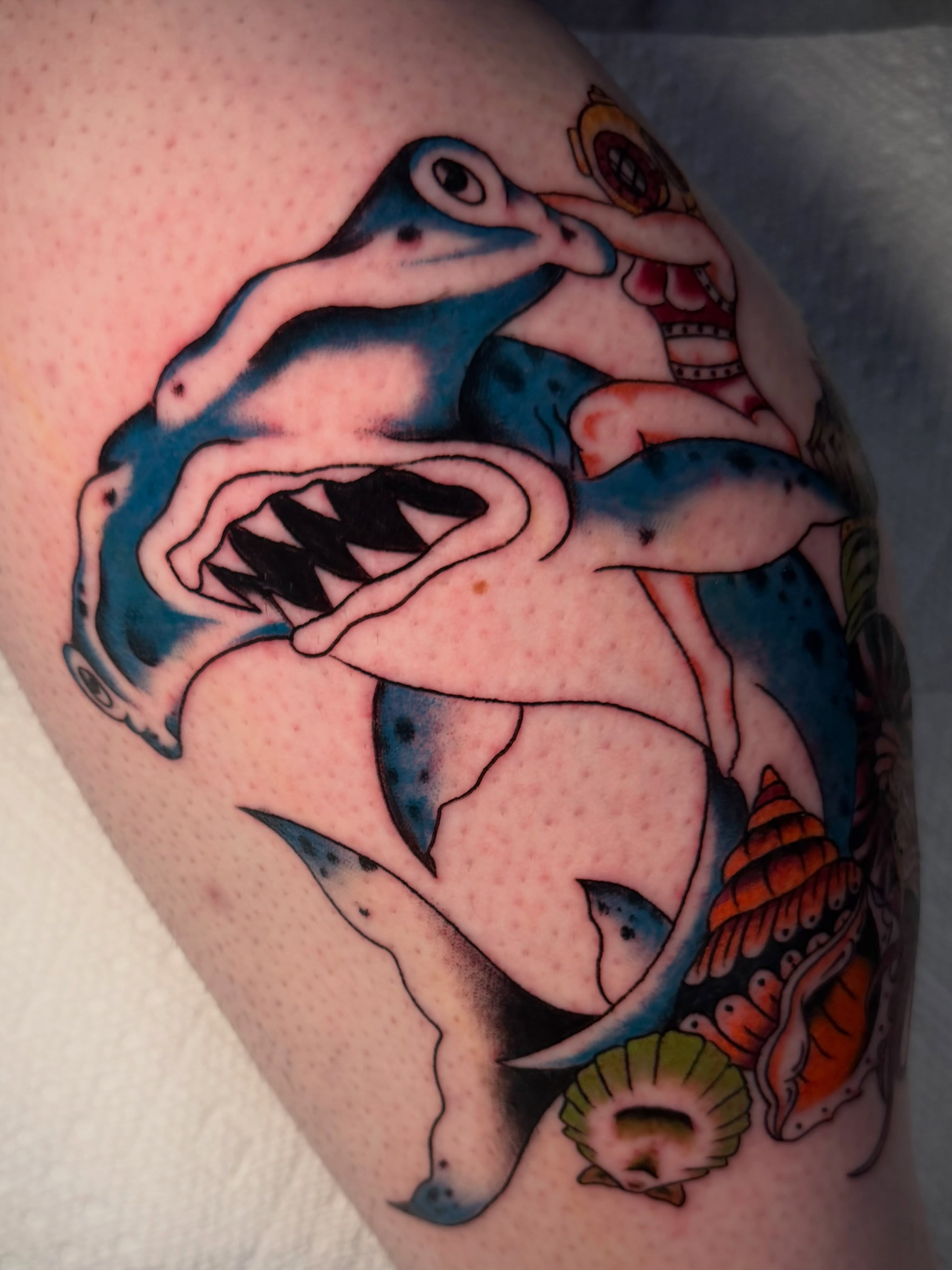 Shark and mermaid American traditional tattoo on the thigh by Lydia