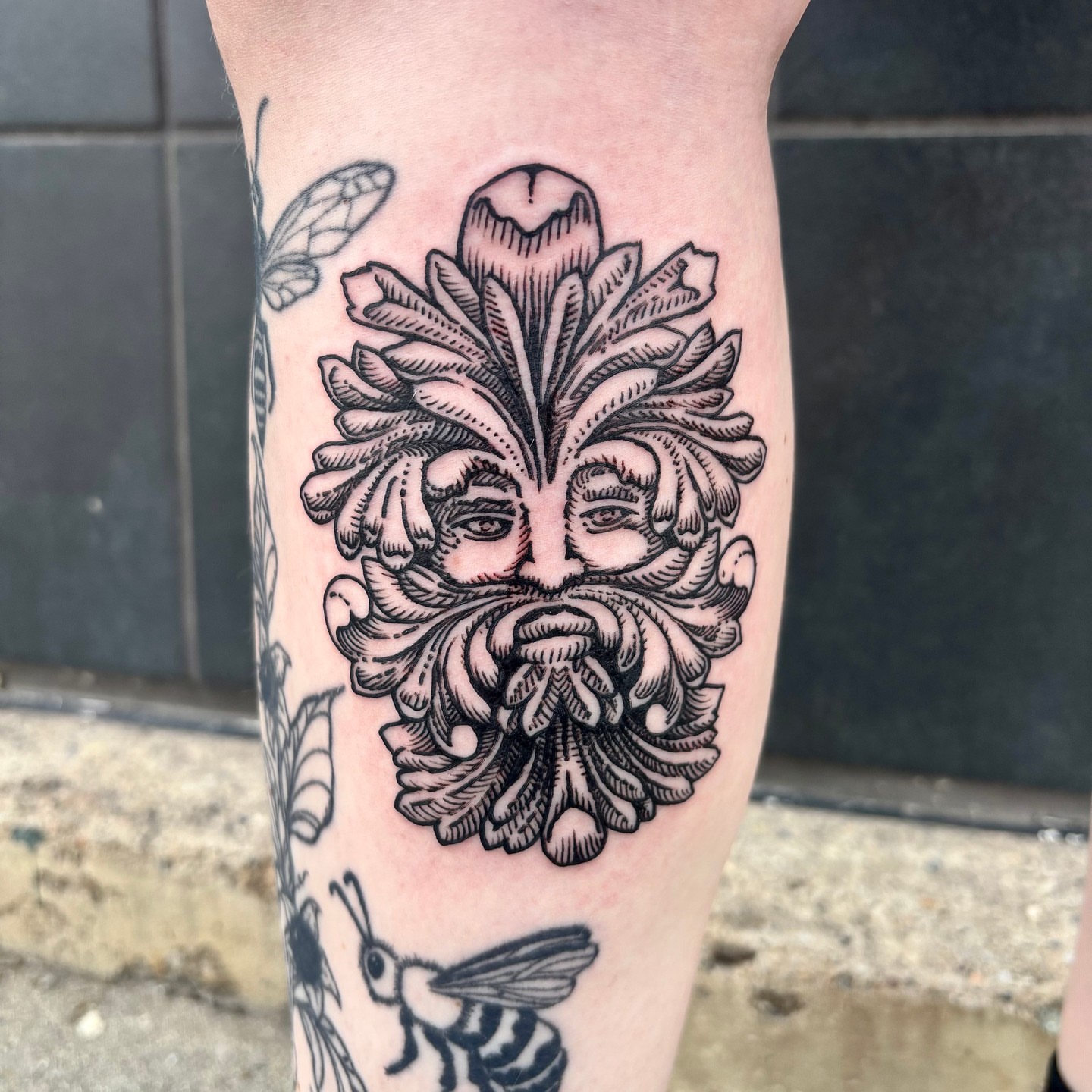 Green man black and grey tattoo on the forearm by ๐๐๐ ๐๐๐๐๐๐๐๐๐๐๐