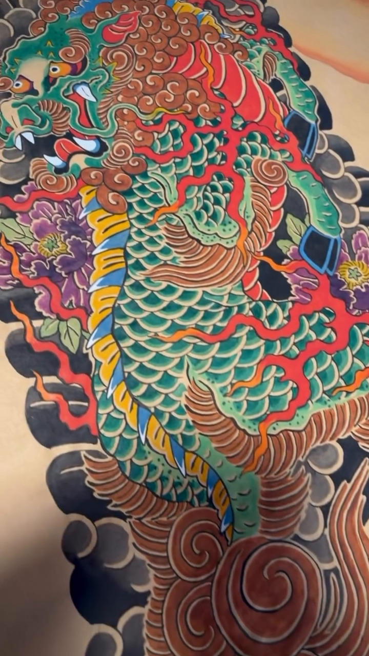 Dragon and peonies japanese irezumi tattoo by Kenny Waizumi ๐