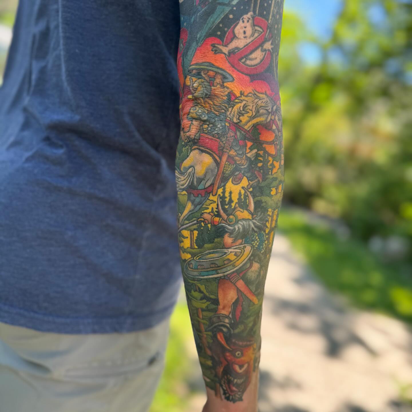 Fantasy battle scene dotwork tattoo on the forearm by Linzi Hungerford, Bozeman, Montana