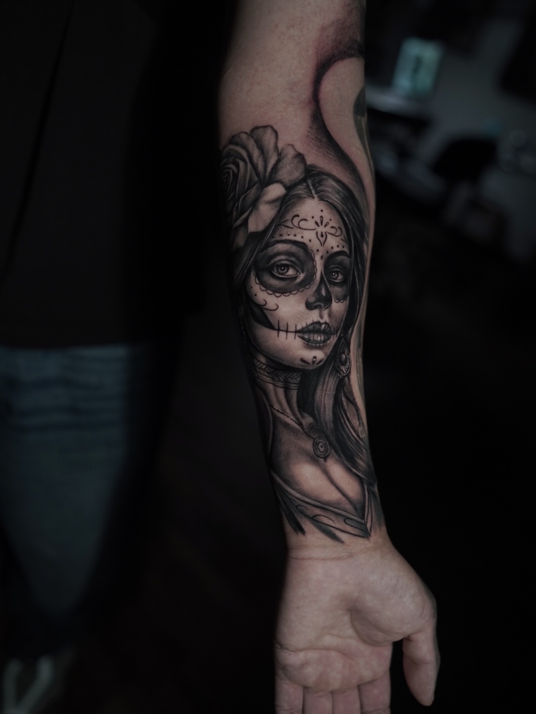 Sugar skull realism tattoo on the forearm by Niko Hosk Cataldo