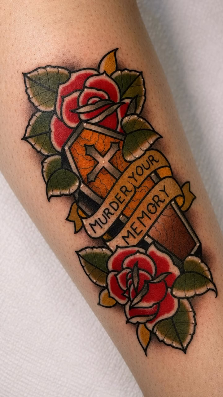 Coffin with roses and banner American traditional tattoo by Todd Showdown