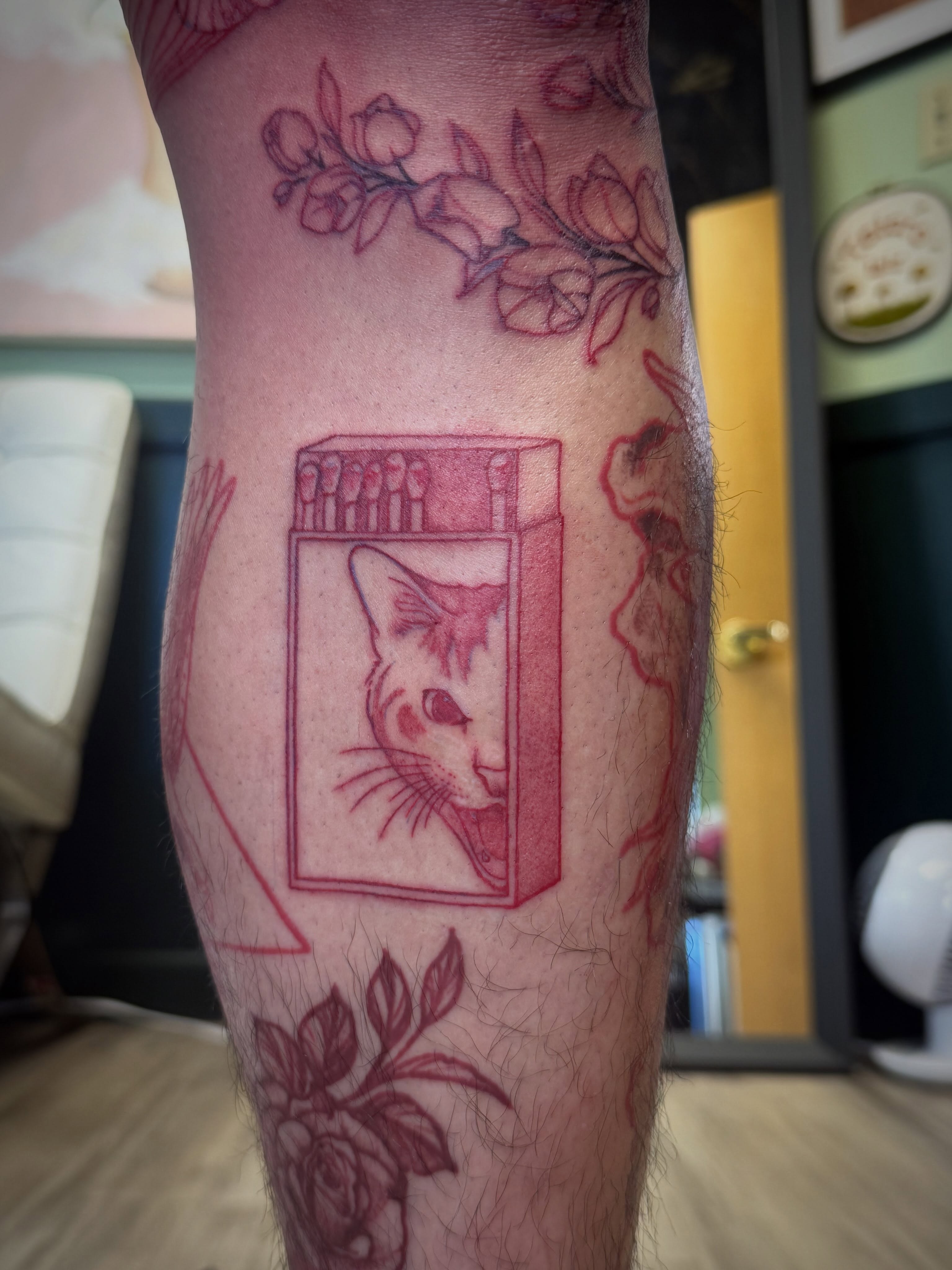 Cat in matchbox American traditional tattoo on the forearm by Taytum Marsing, Salt Lake City, Utah