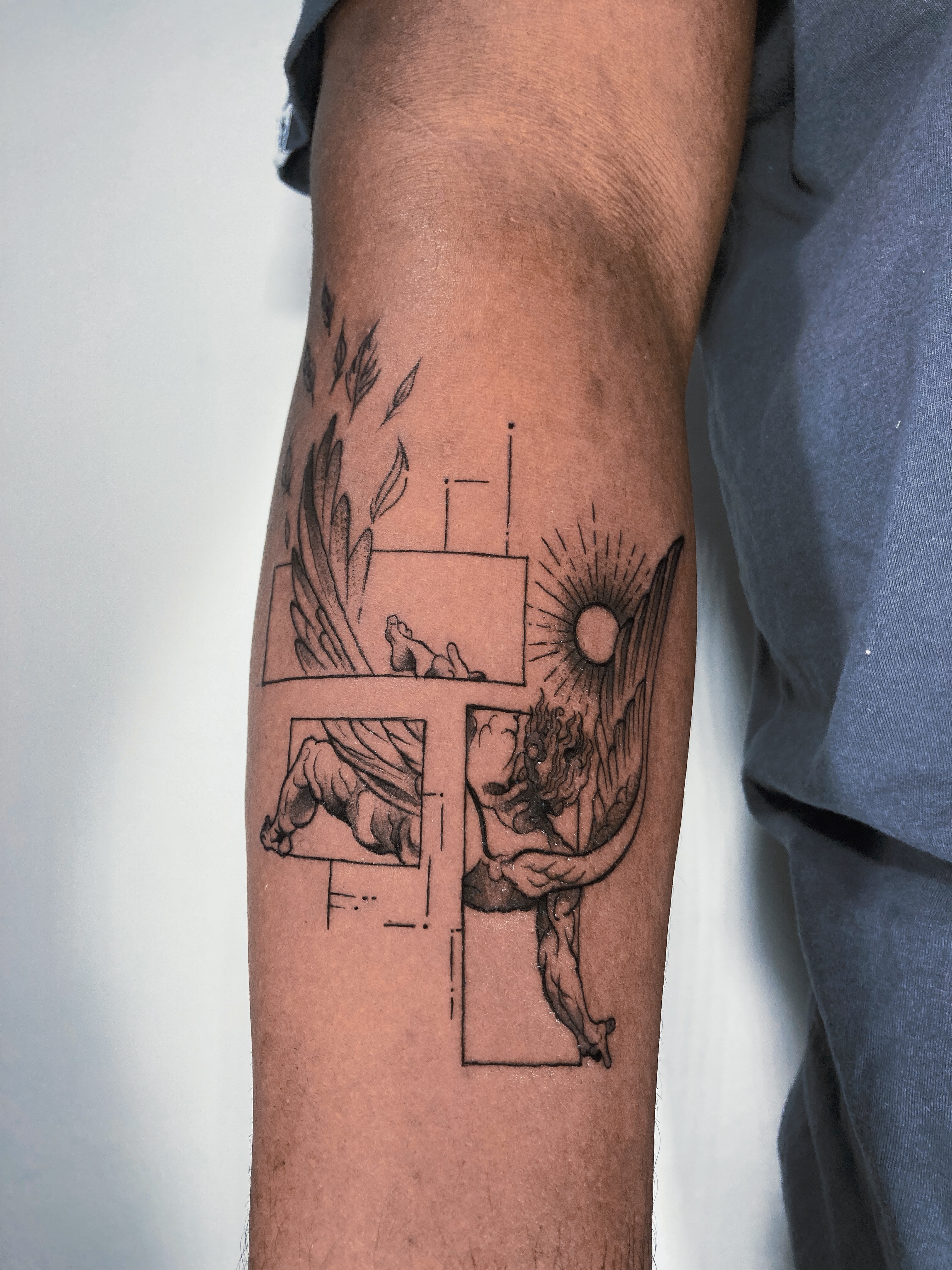 Angelic figure realism tattoo on the forearm by Alvaro