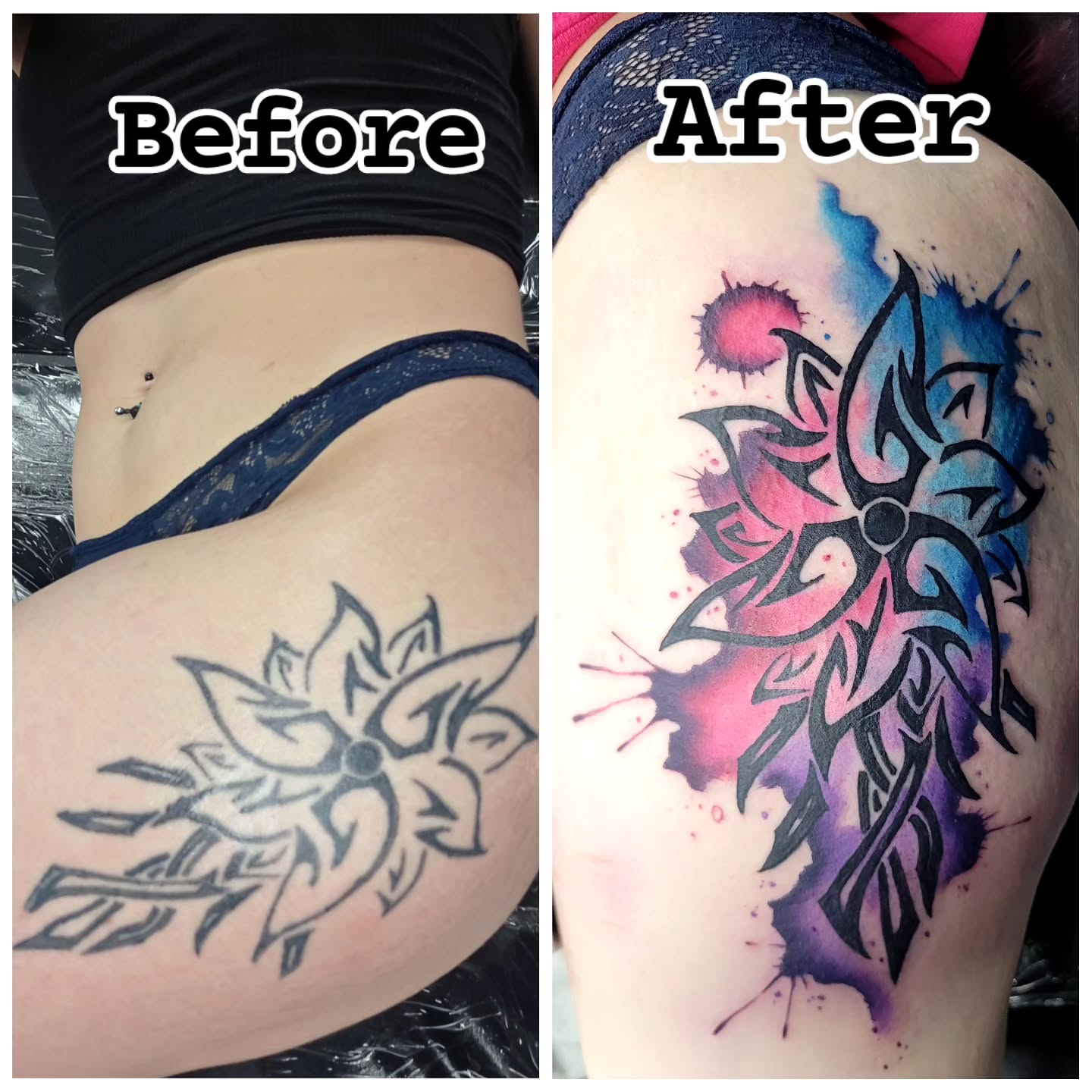 Flower watercolor tattoo on the thigh by Jentrey McCausland
