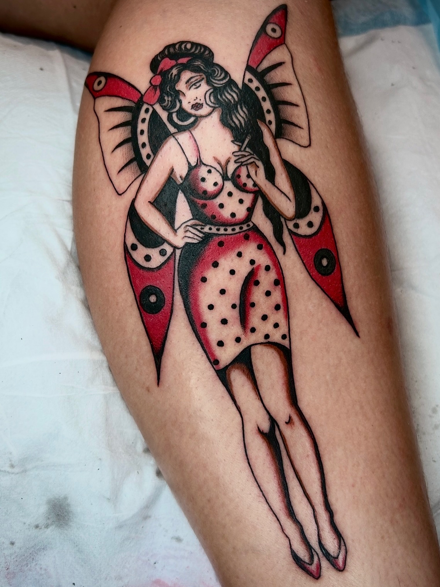 Fairy American traditional tattoo on the thigh by holly danesi . philadelphia tattoo, Philadelphia, Pennsylvania
