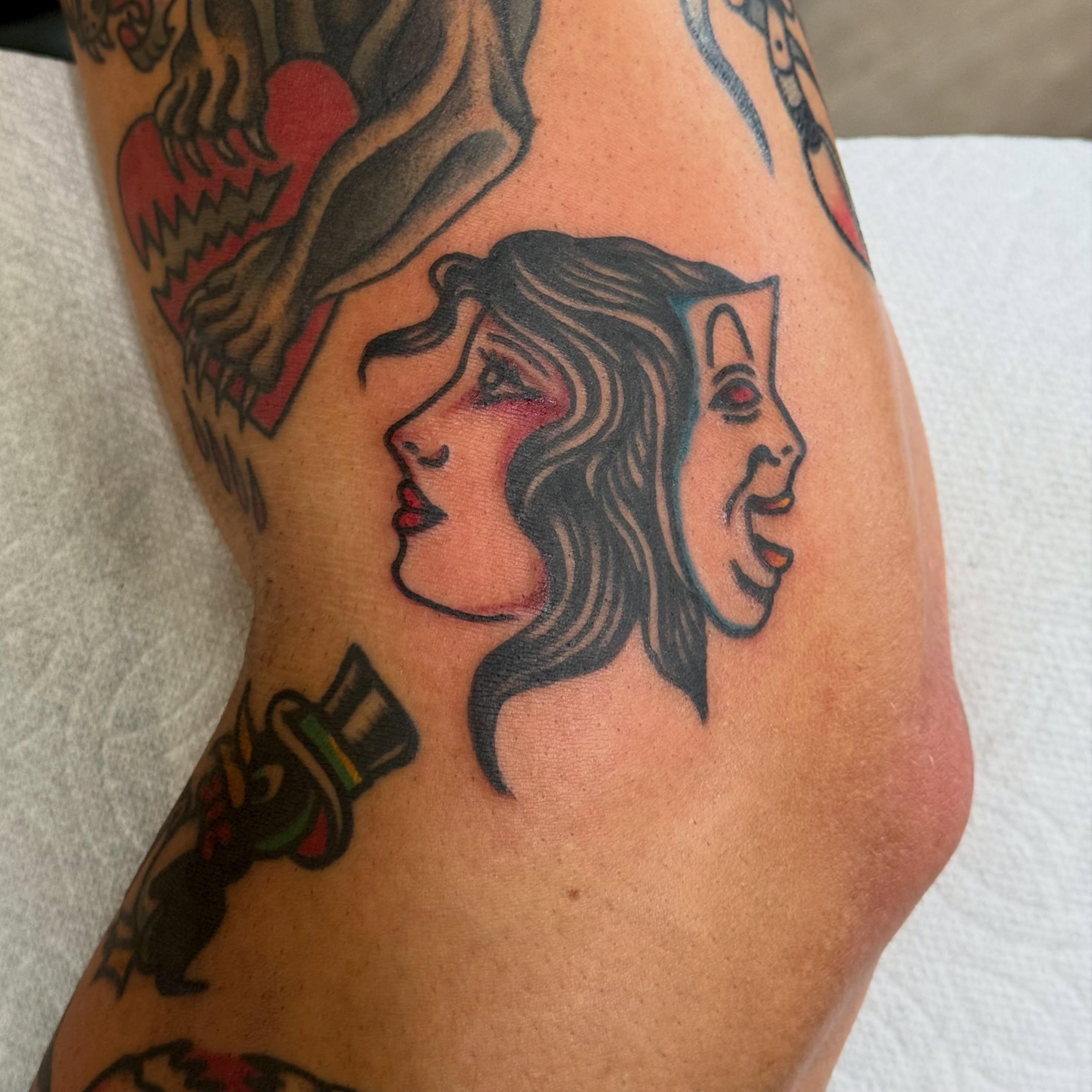 Woman's face American traditional tattoo on the forearm by San Diego Tattoo Artist - 𝔍𝔞𝔠𝔬𝔟 𝔓𝔞𝔫𝔦𝔞𝔤𝔲𝔞