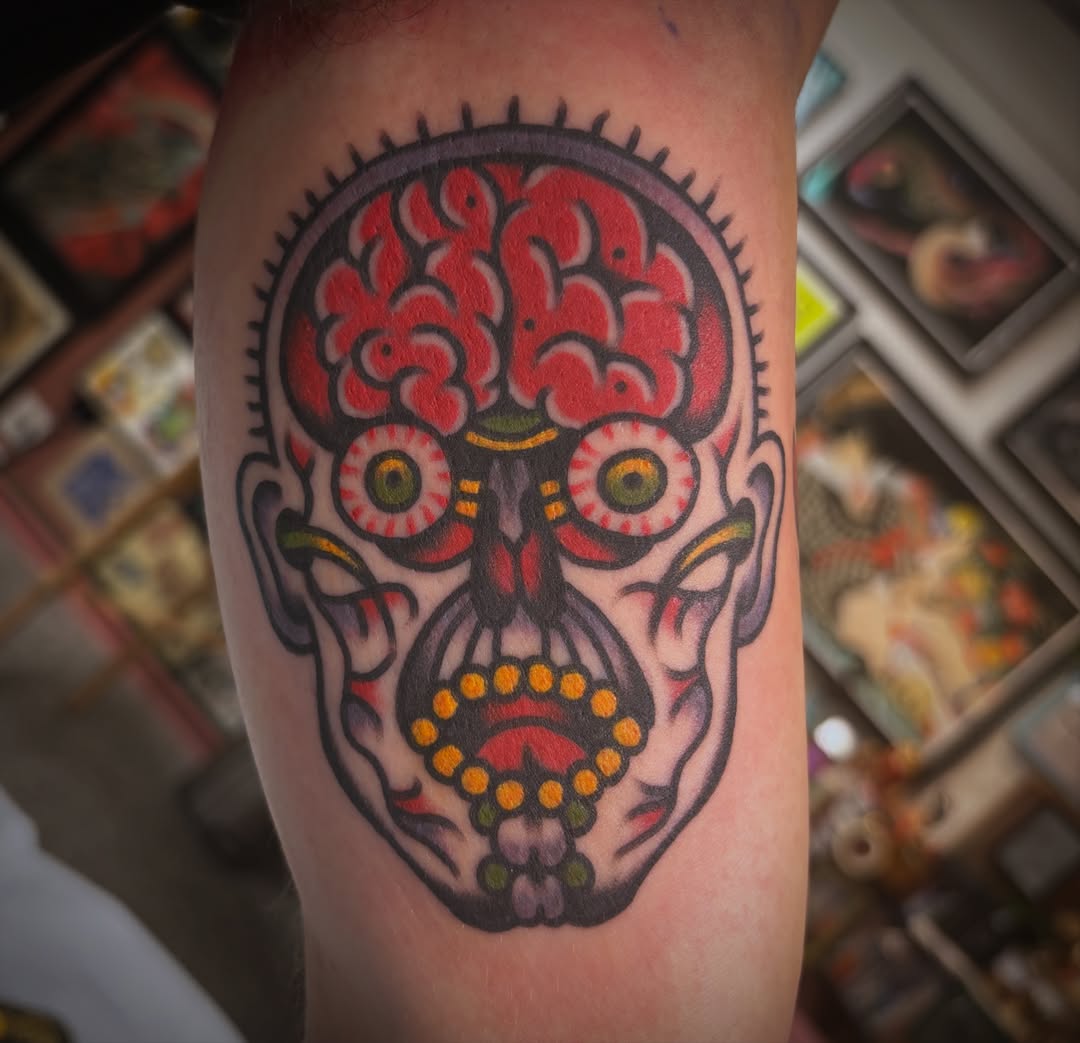 Sugar skull American traditional tattoo on the forearm by Deya Aven, Nashville, Tennessee
