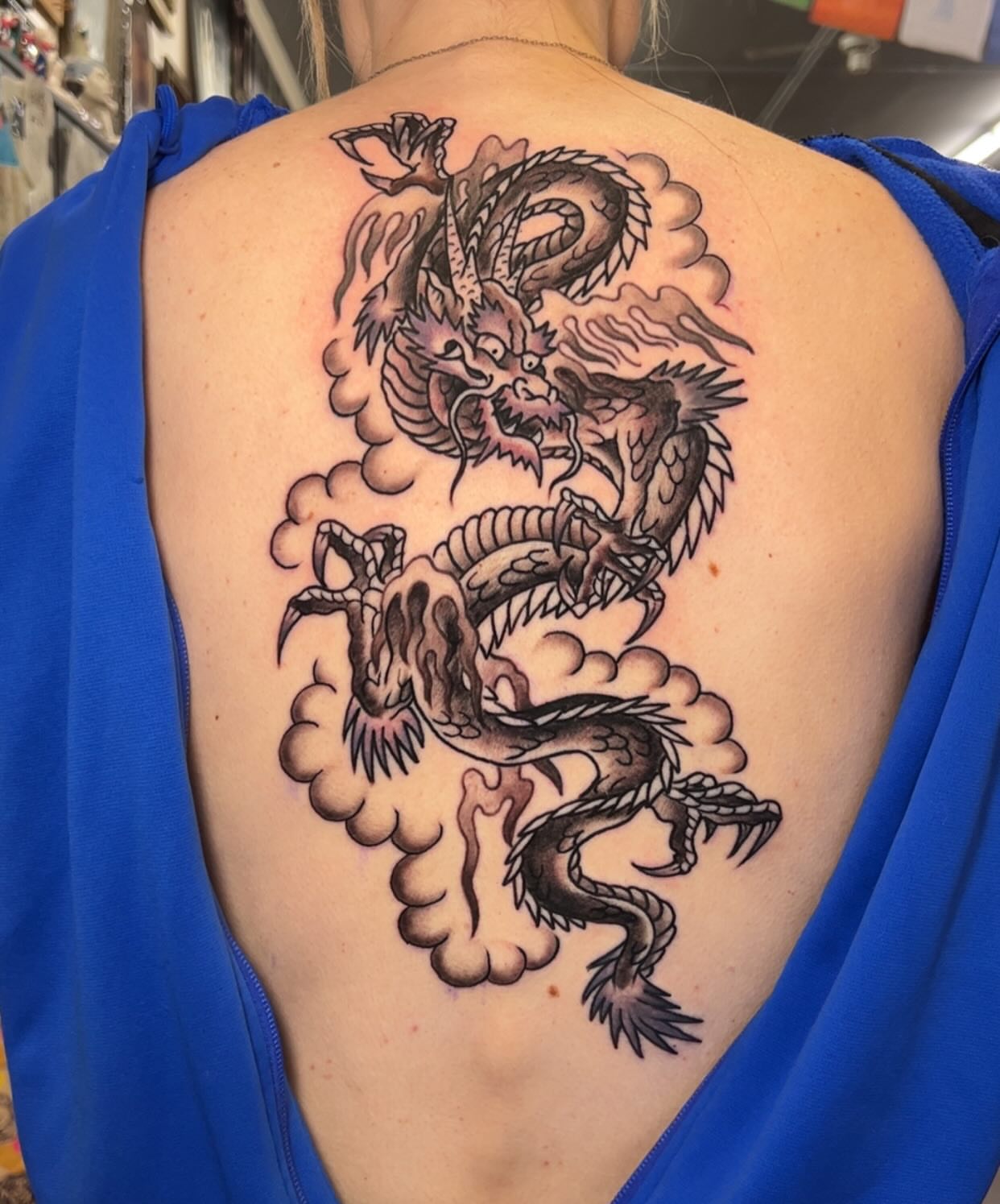 Dragon black and grey tattoo on the back by Mat Helton, Fairborn, Ohio