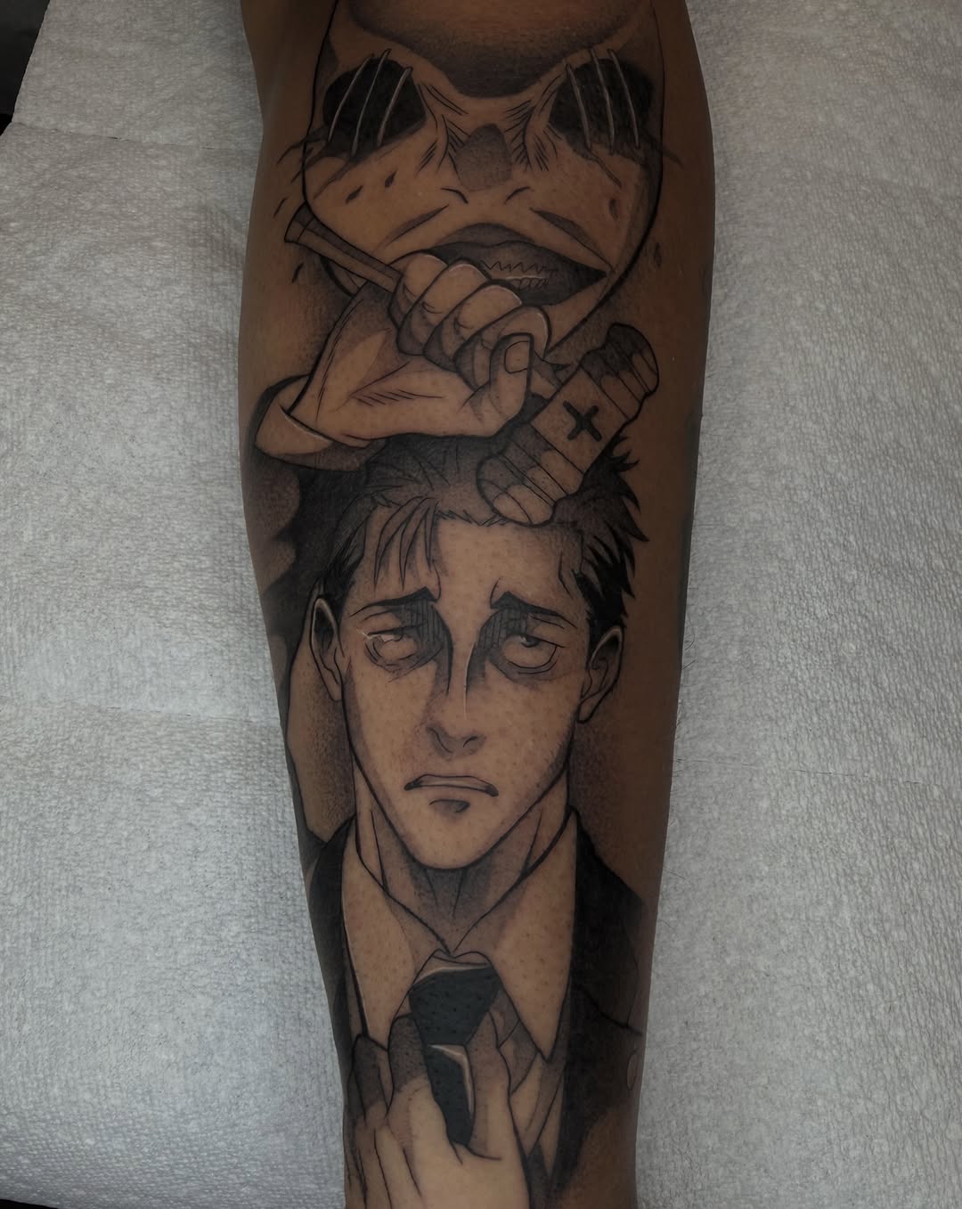 Tattoo by @officialdrayaartink — anime, black_and_grey