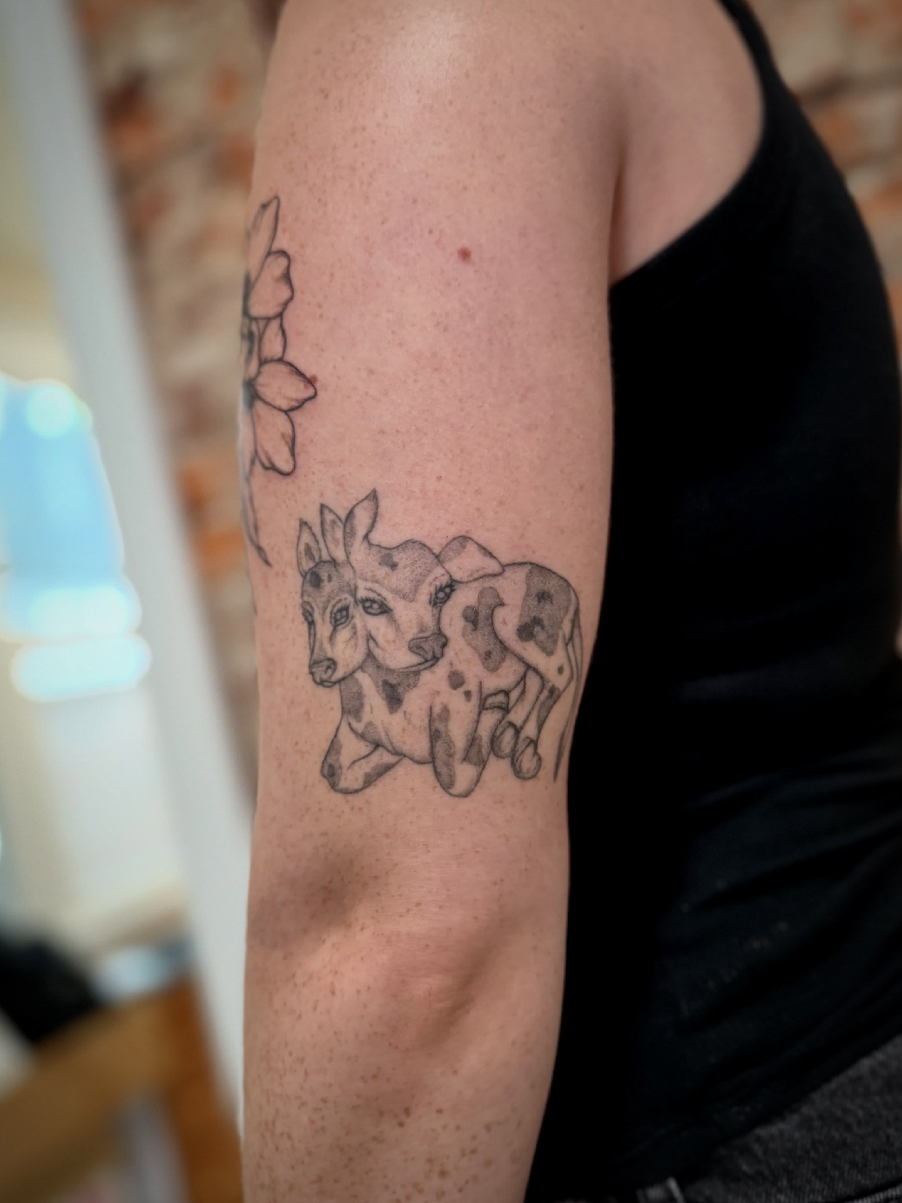Cow and calf black and grey tattoo on the forearm by Daniel Anthony, Philadelphia, Pennsylvania