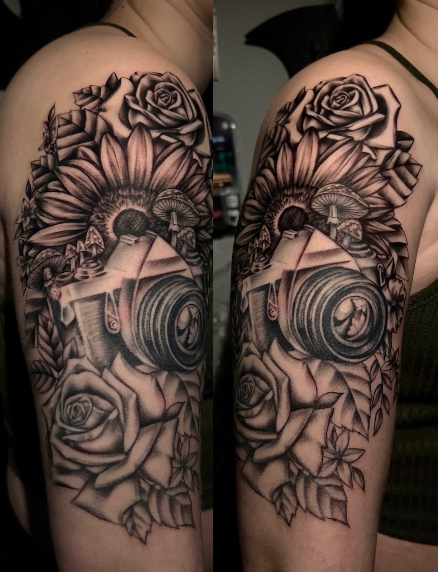 Flowers and mushrooms realism tattoo on the upper arm by @mexcellent_tattoos