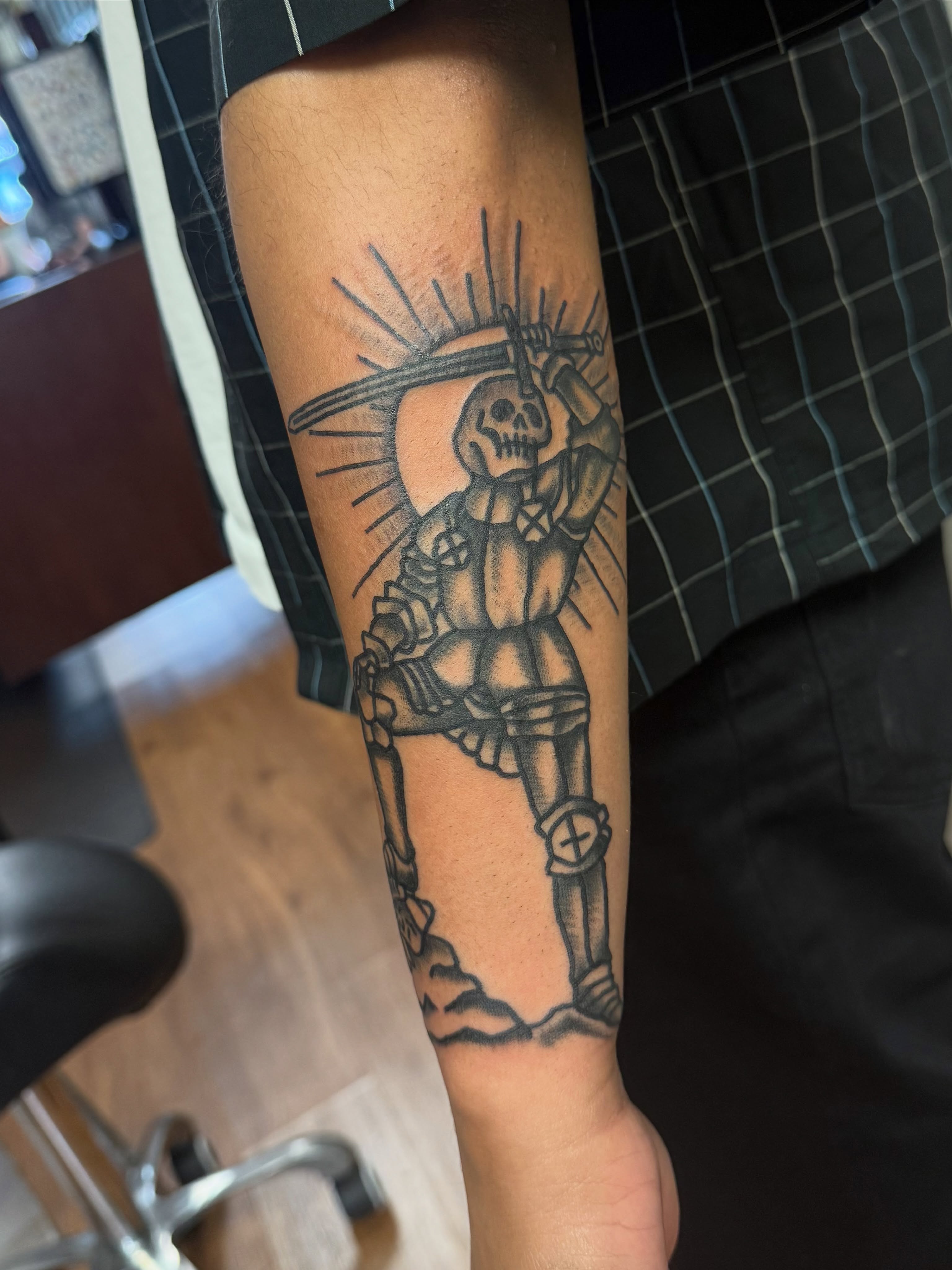 Skeleton warrior American traditional tattoo on the forearm by @kevingaretz, Jersey City, New Jersey
