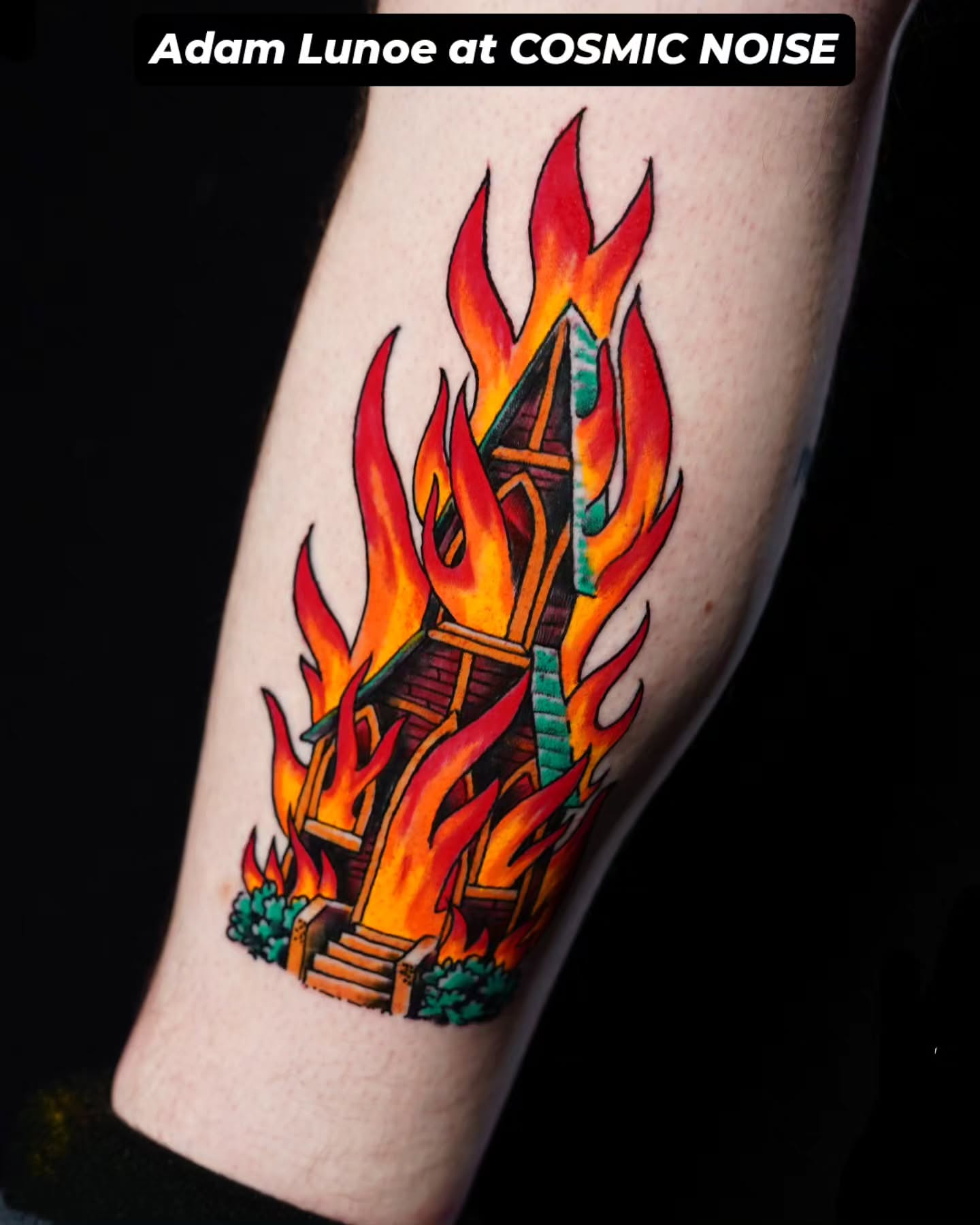 House on fire American traditional tattoo on the forearm by Adam Lunoe, Seattle, Washington