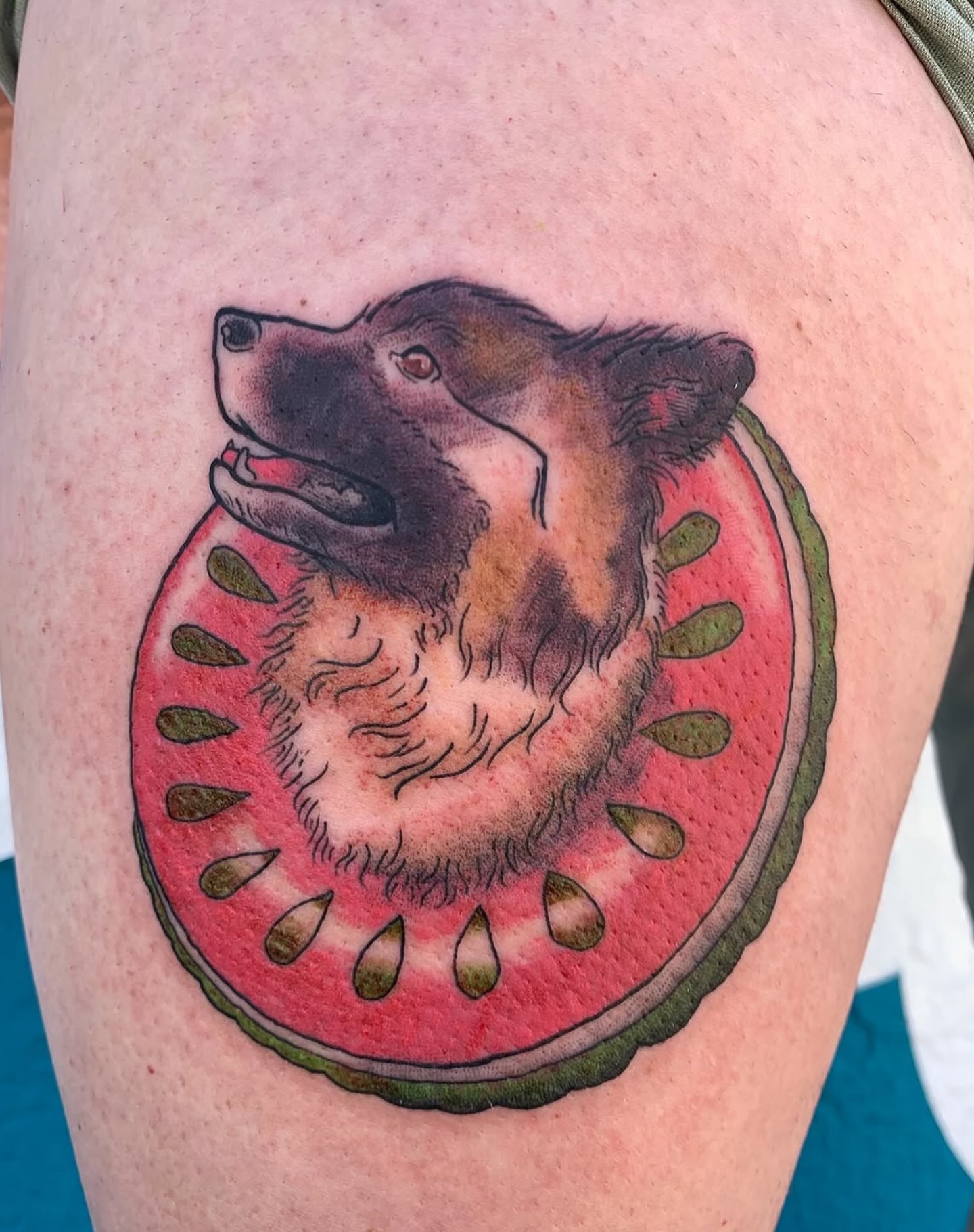 Bear and watermelon realism tattoo on the thigh by CharlieBoy