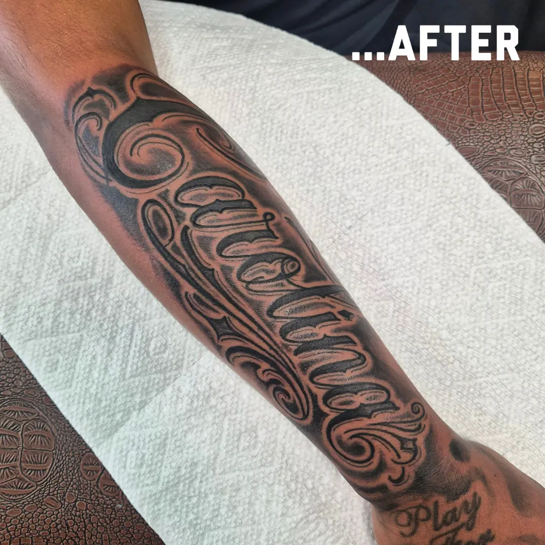Script lettering lettering script tattoo on the forearm by Taylor Popkins