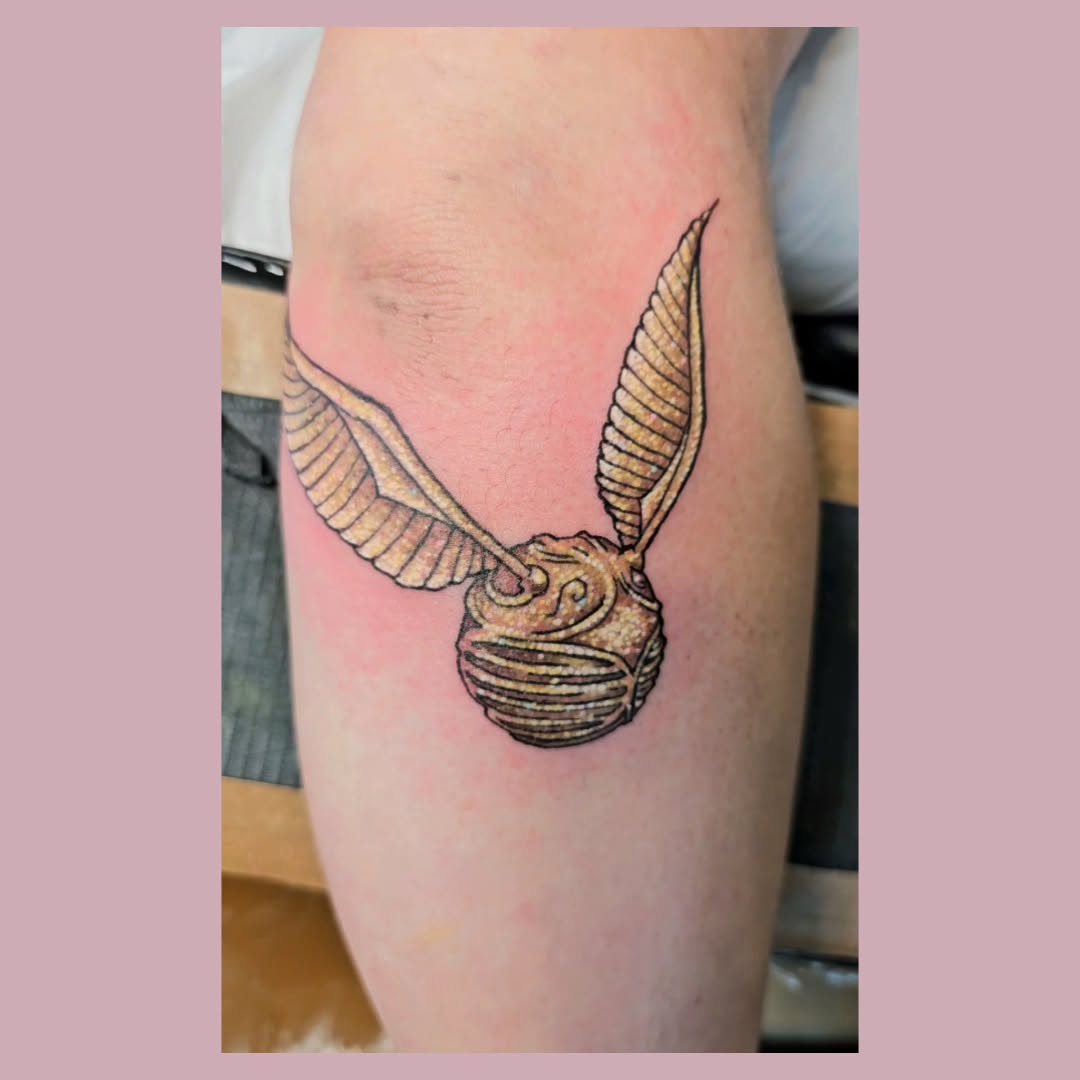 Golden Snitch fine line tattoo on the forearm by The Fabled Tattooist (Alyssa Summers), Eagle Point, Oregon