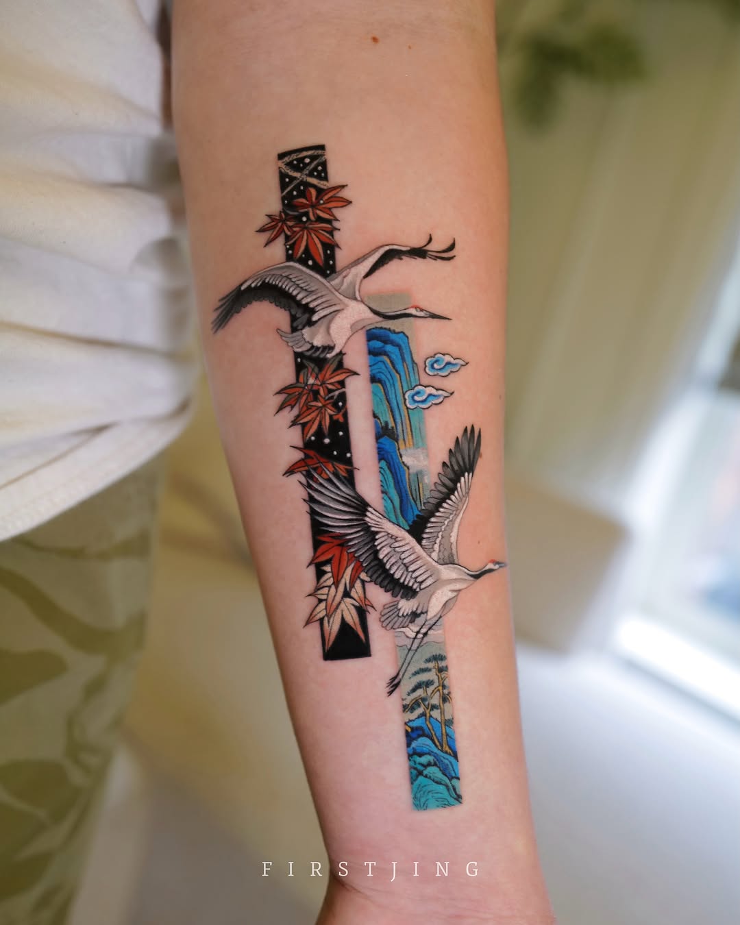Cranes and waterfall japanese irezumi tattoo on the forearm by Seattle