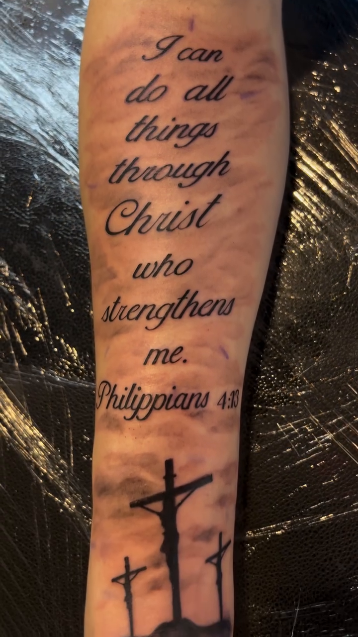 Bible verse with crosses Chicano tattoo on the forearm by Oto_art