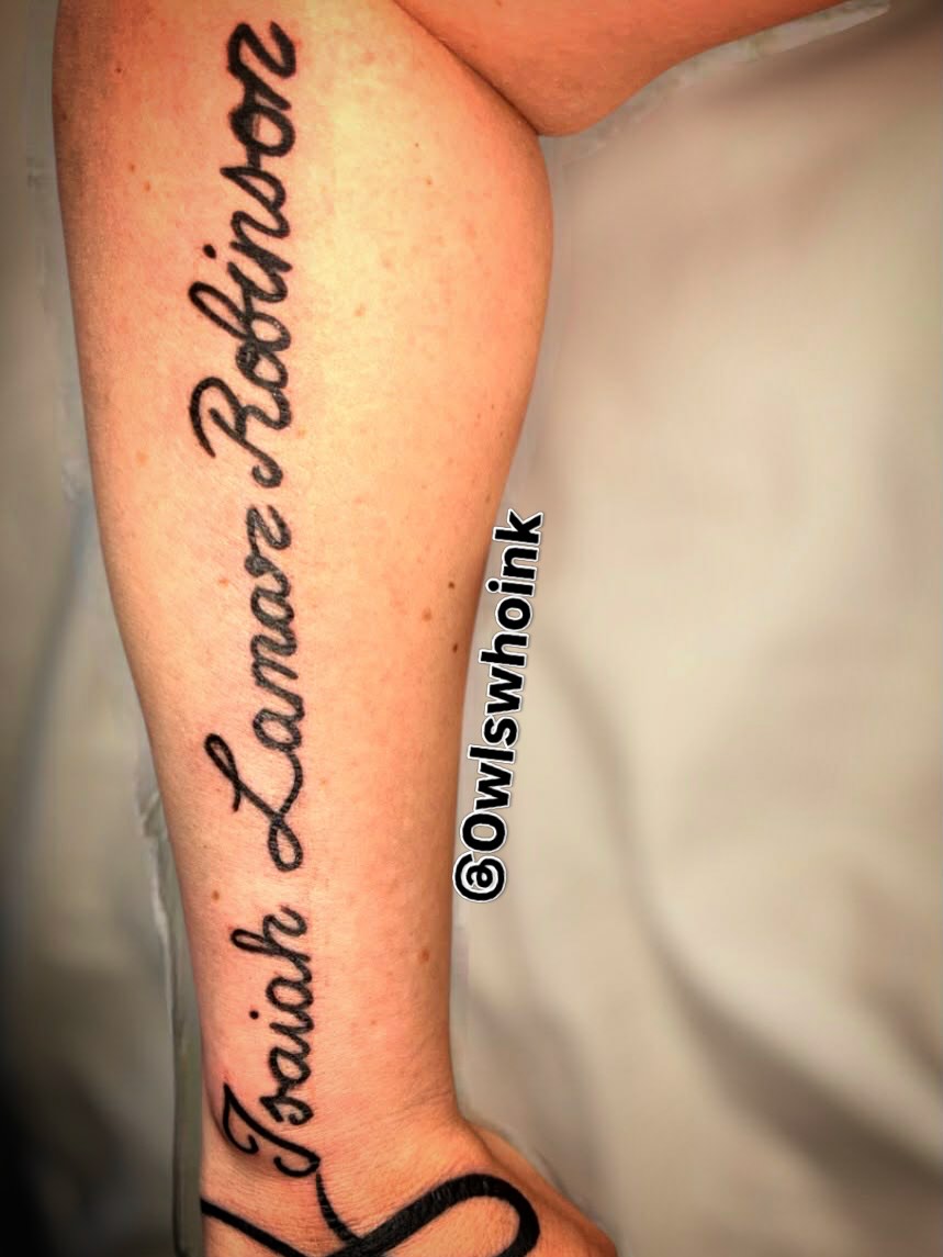 Script lettering lettering script tattoo on the forearm by OwlWhoINKs