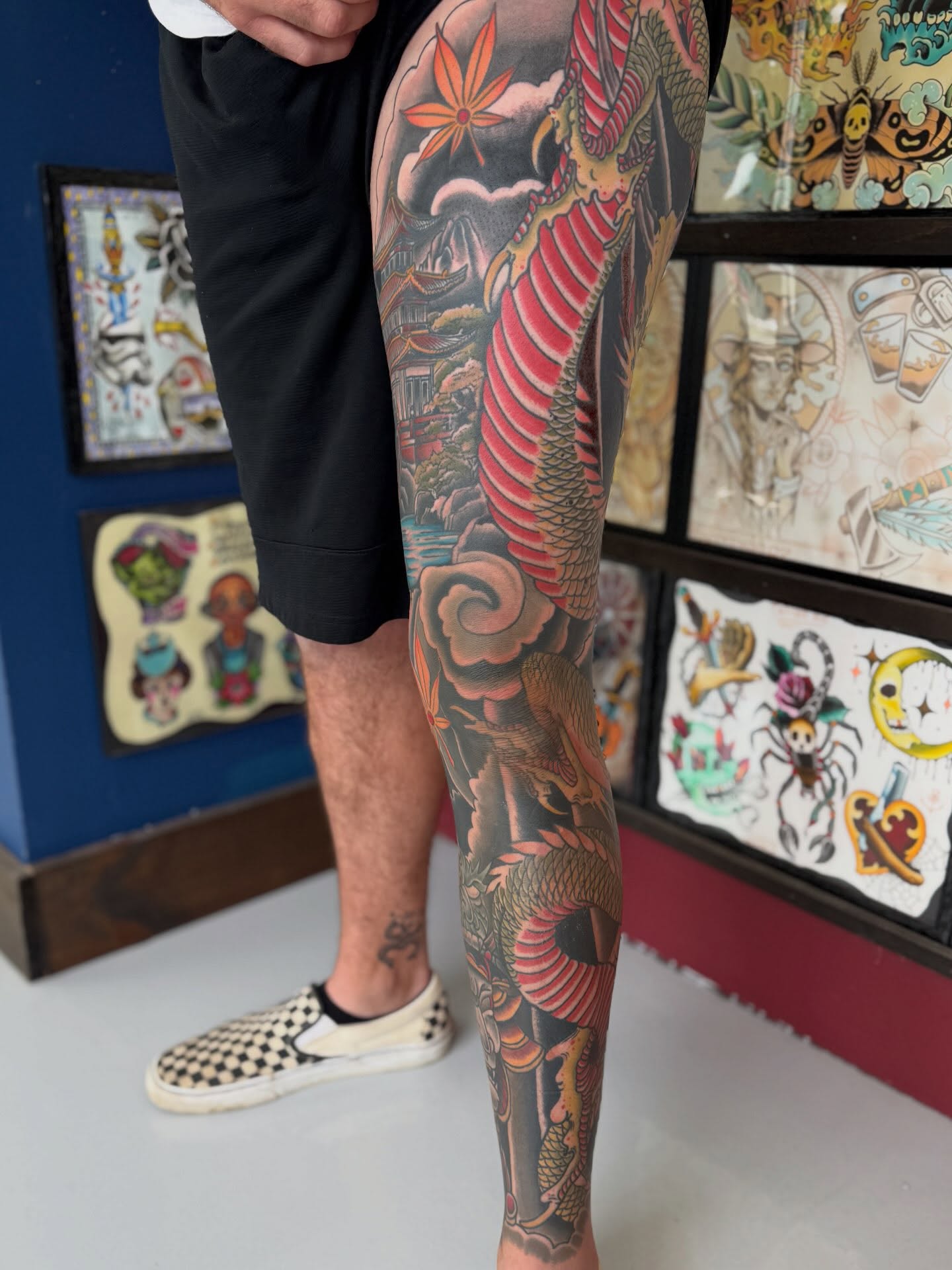 Dragon and landscape japanese irezumi tattoo on the leg by Trent Parsley