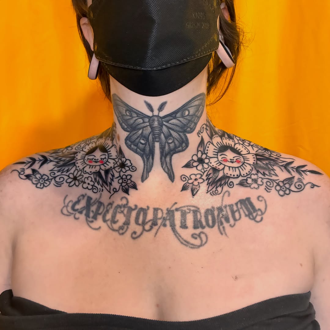 Expecto patronum black and grey tattoo on the neck by Kaily McKee