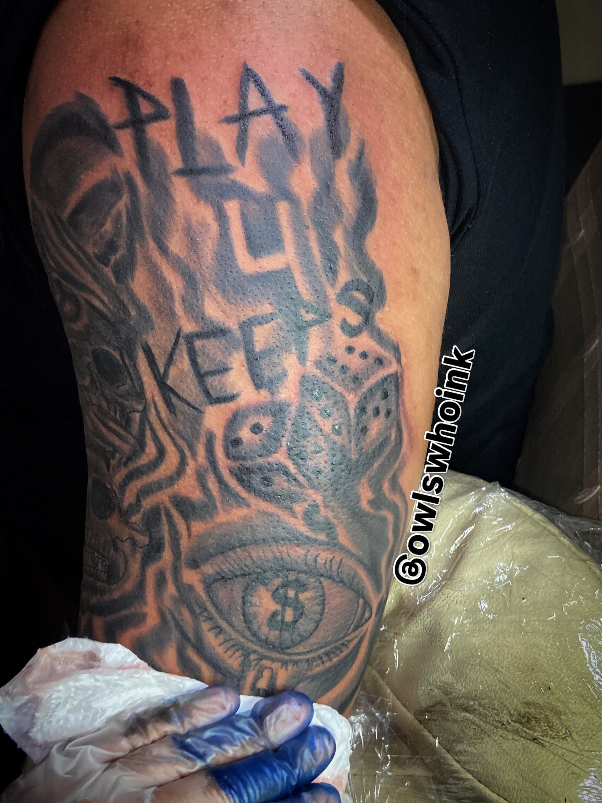 Dice and eye dotwork tattoo on the forearm by OwlWhoINKs