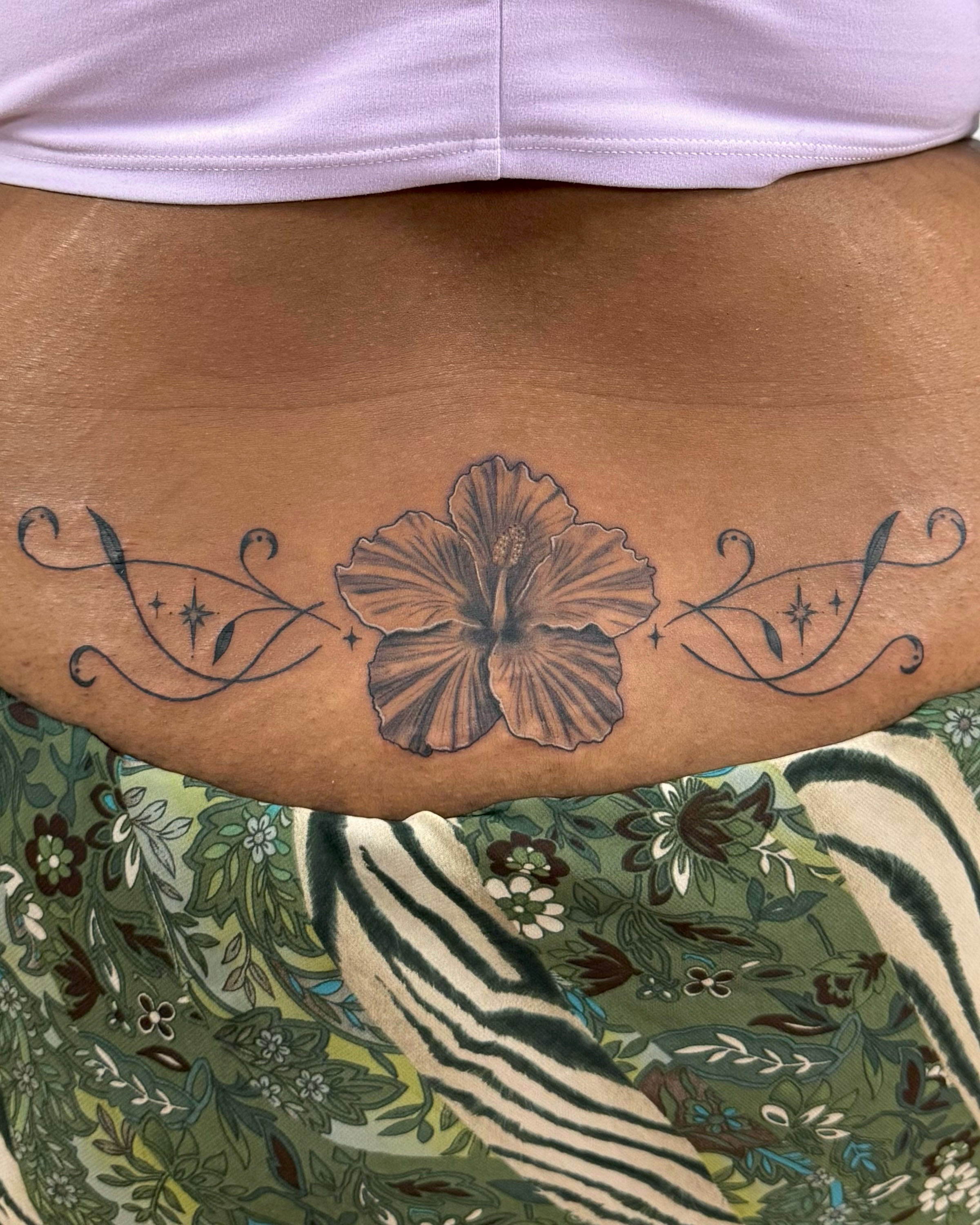 Hibiscus flower black and grey tattoo by Too Zen