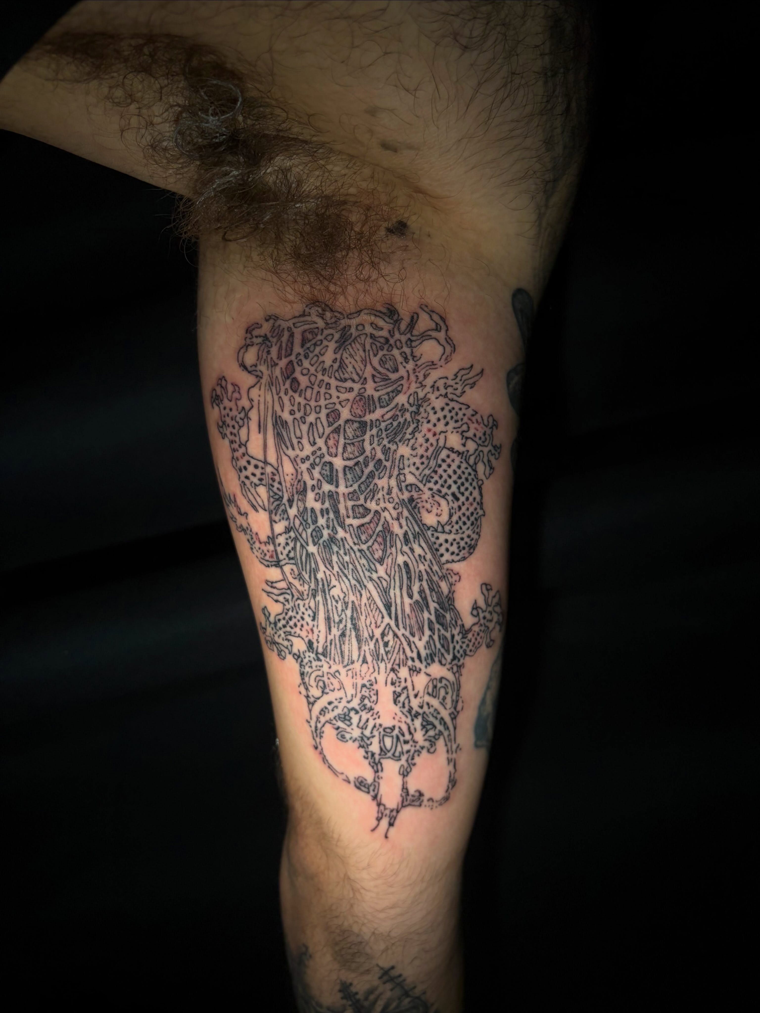 Abstract pattern black and grey tattoo on the forearm by Crawlspacecadet